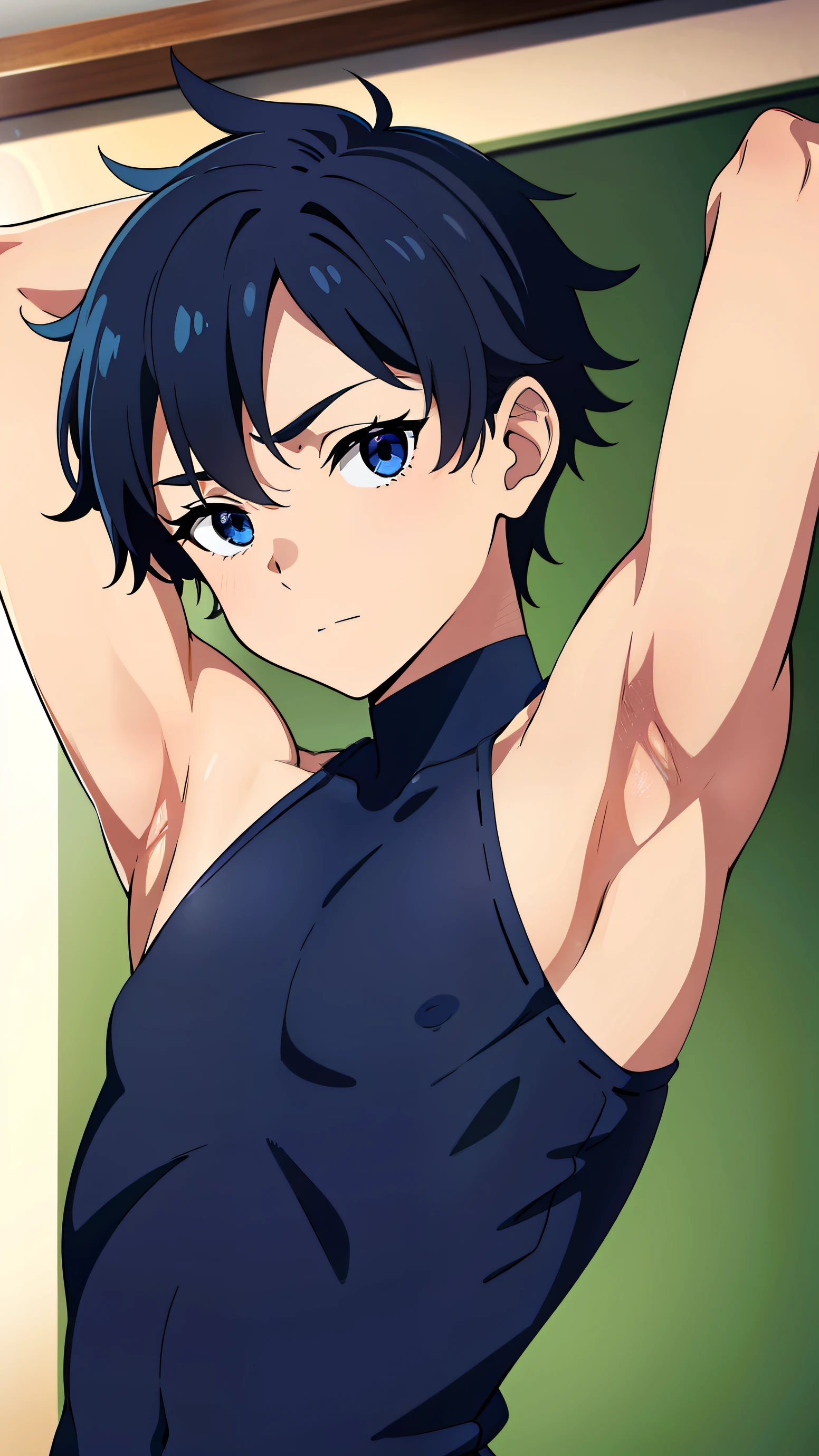 Highres, Masterpiece, Best quality at best,Best Quality,hight quality, hight detailed, Anime style, age 12, 1boy, Boy, Shota, Solo person, young boy, upper body, slim body, Sleeveless shirt, bare shoulder, grey background, (Showing armpit:1.3), Give me a picture of the armpit of a young boy, the armpit looks clean and smells good, the armpit is very beautiful, the boy is teasing using his armpit, shine closer to the armpit, Cute armpit, Sexy armpit, seductive armpits, Such a cute smooth armpit, The armpits of a 12 year old boy, Adorable little armpits, Give me a proportional picture of a 12 year old boy's armpits, (very young boy), (Very small and short body), uhd, bokeh