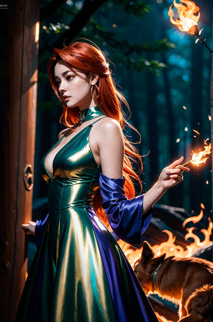 High quality, fantasy character art, character concept, character design art, bold lines, digital art style, artstation, A captivatingly sinister woman in her mid-20s, with luscious shoulder-length copper hair that shimmers in the dim light, she stands In the heart of a dense, shadowy forest surrounded by two massive. Holding up a torch that blazes brightly, she illuminates the eerie scene around her, ((The dogs and flaming torch must be seen)), every detail exudes elegance amidst darkness: the fabric shimmers with hints of midnight blues and deep purples. Three moons hover in the sky behind the woman, their silvery glow casting an magical light upon her The image, likely a digital painting, captures the essence of dark magic and danger with chilling precision. Every small detail is meticulously crafted, ((indigo, orange, black, green and grey are the only colours used except for her copper hair)), highly detailed , gothic aesthetic, the image has a gothic colour scheme, muted colours, (face must be seen), ((midshot figure framing)), completly nude.