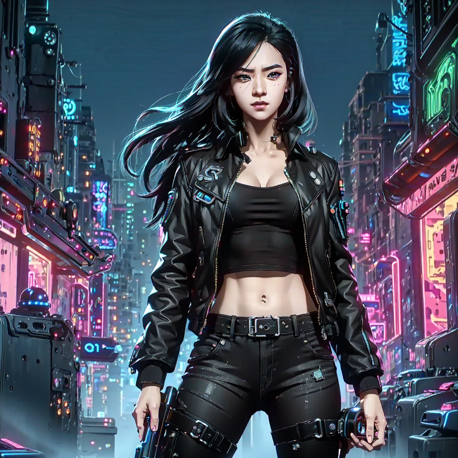 (Hold the gun., raw photos, best quality, skill:1.2), (realistically, realistic:1.37),(kpop idols), (Aegyo Sal:1),cute,professional lighting, Photon mapping, Radio City, Physical rendering , cosplay, lucy \(cyberpunk\), , mechanical parts, gray eyes, tight black suit, เมืองcyberpunk, black shorts, , neon light, sexy, smoke, looking up at the viewer,, High resolution in 8ก, 8ก, CG wallpaper, realistically, clear background, Medium bust, body,