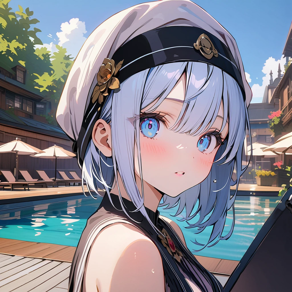 Robot angel nun playing in the pool, detailed background, detailed writing, 4k, UHD, absurd, ultra quality, masterpiece,