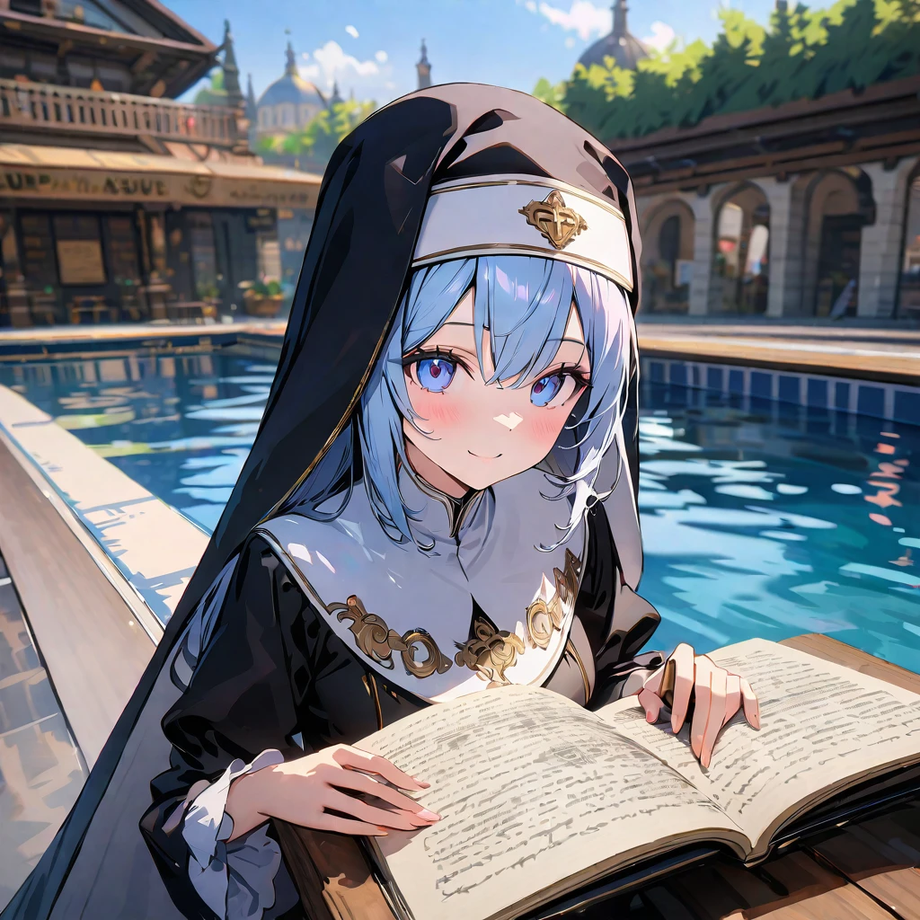 Smiling nun of mechanical angel playing in the pool, detailed background, detailed writing, 4k, UHD, absurd, ultra quality, masterpiece,
