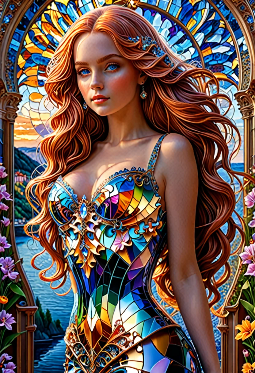 Meilleure qualité, Très fin, 16k, incroyablement absurdes, extrêmement détaillé, délicat et dynamique, puzzle, Vitrail transparent représentant une sublime femme aux cheveux roux très long ondulé et descendant jusqu'aux cuisses, peintures sublime, reflets irisés, Ambiance méditerranéenne, bustier très décolleté et détaillé avec effet push-up, énorme poitrine fière et ferme