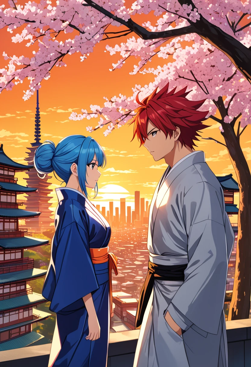 Illustrate a scene from a classic anime. Display two main characters, a Caucasian male with spiky red hair, wearing a futuristic metallic suit and a Black female with long blue hair, dressed in a traditional kimono, standing in the center of a bustling cityscape at sunset. Surround them with a hybrid landscape of old and new, where towering neon skyscrapers coexist with ancient sakura trees in full bloom. Sprinkle some cherry blossoms in the air, creating a vibrant color contrast against the fading orange sky.