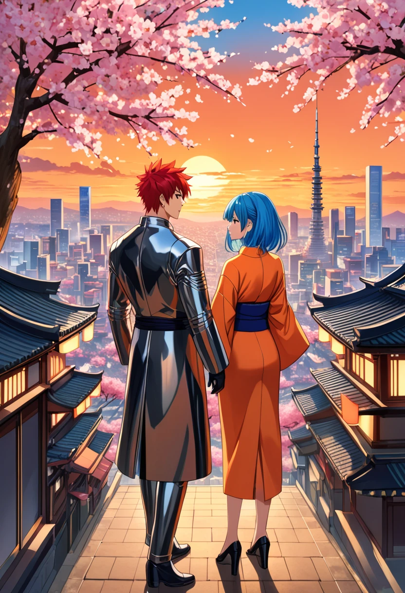 Illustrate a scene from a classic anime. Display two main characters, a Caucasian male with spiky red hair, wearing a futuristic metallic suit and a Black female with long blue hair, dressed in a traditional kimono, standing in the center of a bustling cityscape at sunset. Surround them with a hybrid landscape of old and new, where towering neon skyscrapers coexist with ancient sakura trees in full bloom. Sprinkle some cherry blossoms in the air, creating a vibrant color contrast against the fading orange sky.