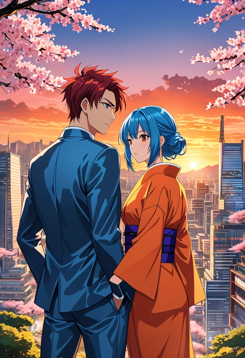 Illustrate a scene from a classic anime. Display two main characters, a Caucasian male with spiky red hair, wearing a futuristic metallic suit and a Black female with long blue hair, dressed in a traditional kimono, standing in the center of a bustling cityscape at sunset. Surround them with a hybrid landscape of old and new, where towering neon skyscrapers coexist with ancient sakura trees in full bloom. Sprinkle some cherry blossoms in the air, creating a vibrant color contrast against the fading orange sky.