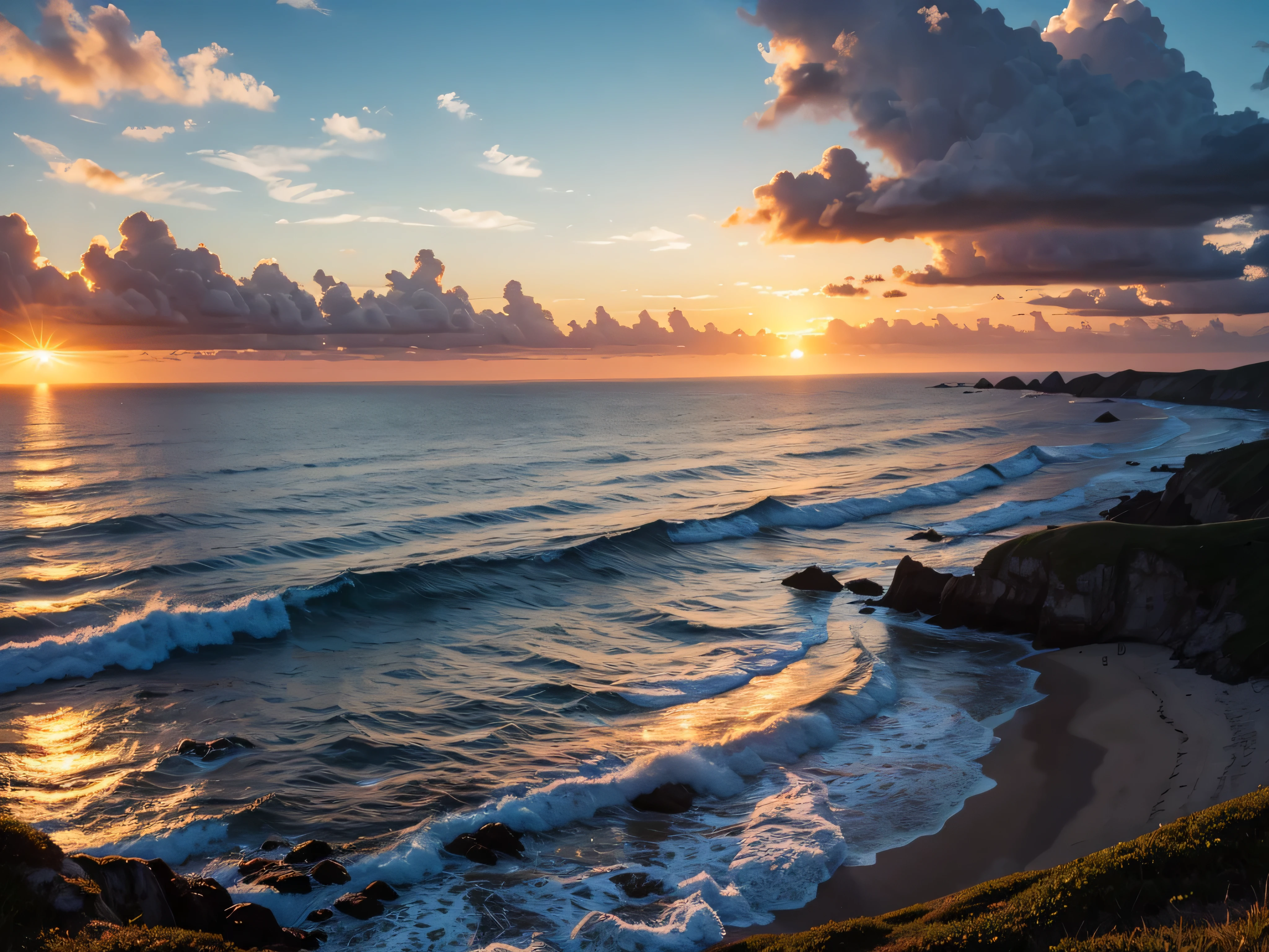 The sun setting over the coastline