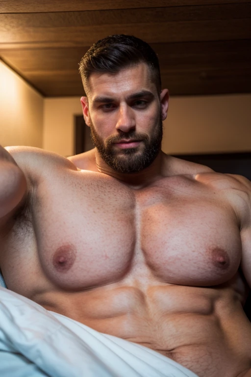 a handsome muscular bodybuilder man (short hair, black hair, snub nose, marked jaw, beard ,Huge biceps, shirtless, huge chest)Lying on a bed, half naked, sheet covering his genitals, hyper realistic, ultra realistic 