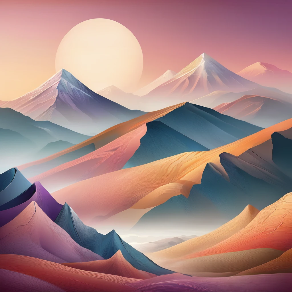 Close-up with mountain view, Designed for comfort and aesthetics!, Detailed landscape with hills and mountains, Abstract natural scenery, sun rises between two mountains, Abstract Landscape, Abstract scene design,  Natural light as background, Mountains in the background, Earth and pastel colors, Flowing Hills