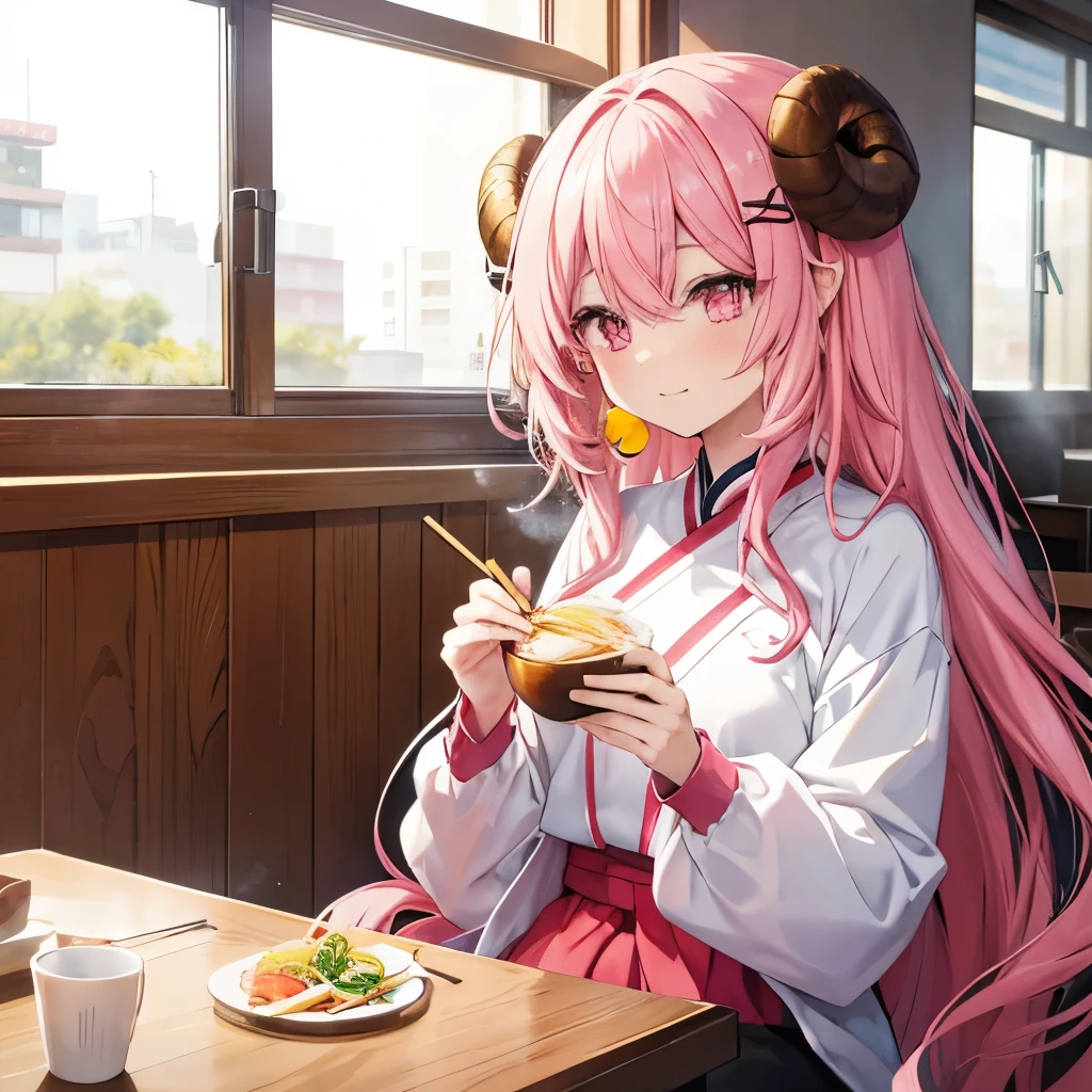 An anime-style illustration of ‘Fua-chan’ eating cold noodles (Hiyashi Chuka). Fua-chan has distinctive features: long pink hair styled in soft curls resembling sheep’s horns, and pink eyes. She is depicted sitting at a table, holding chopsticks and enjoying a bowl of colorful and refreshing Hiyashi Chuka. Her expression is one of delight and satisfaction. She is wearing light, casual summer clothing suitable for hot weather. The background shows a cozy and bright dining area, with sunlight streaming through a window, creating a cheerful and refreshing atmosphere.