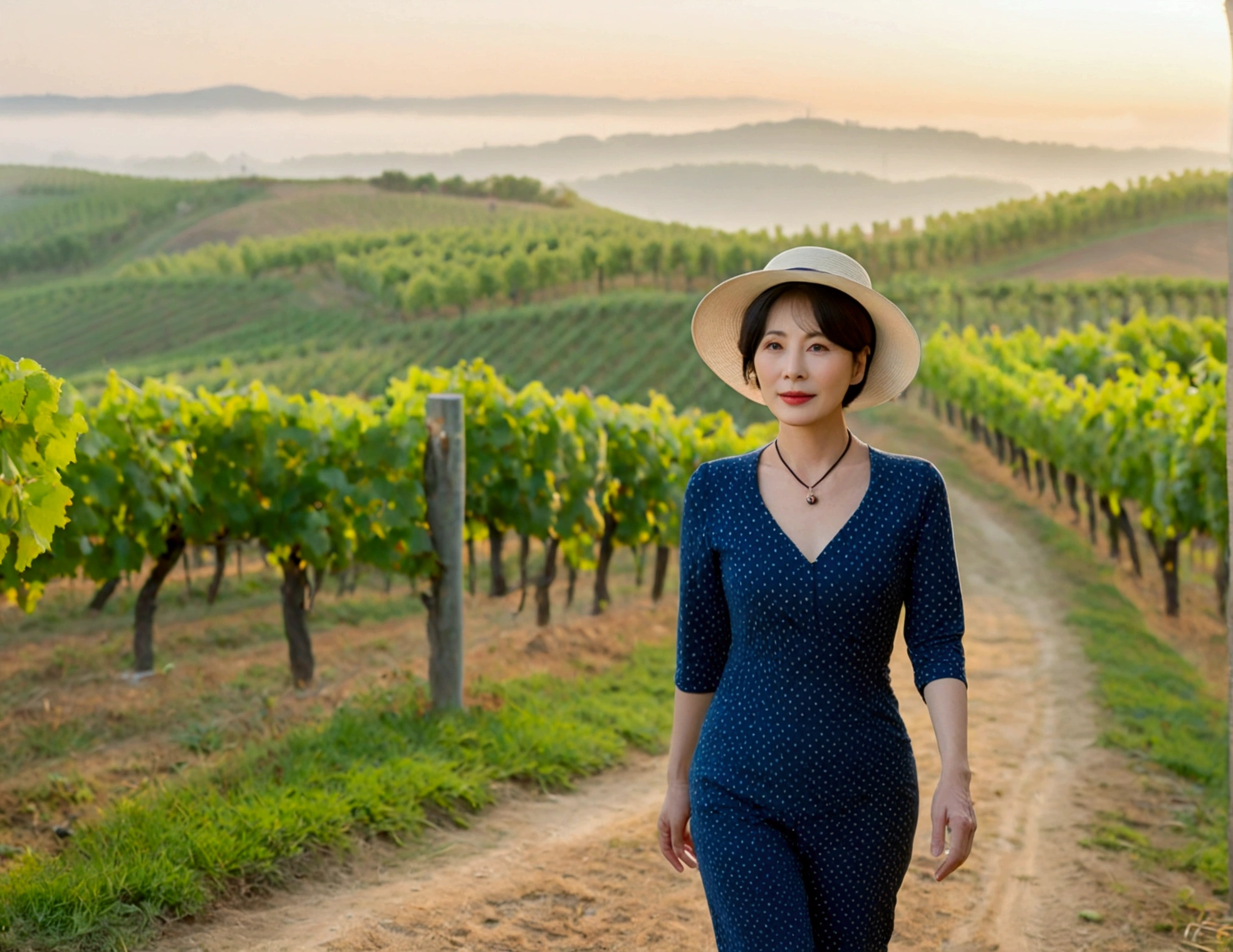 Italy foggy countryside dawn, Endless vineyards, A cathedral can be seen far away in the fog.. Korean woman in her 40s, wearing a plain dress, casual pants, Korean woman with beautiful short medium bob hair, Standing on a path on top of a vineyard hill, Beautiful Korean woman with bright and clear skin, The neckline is clean and beautiful.. Korean woman with a graceful and humble expression,Wear a slightly large, high-quality hat with a round rim., standing in the vineyard , small black string necklace, 1 woman