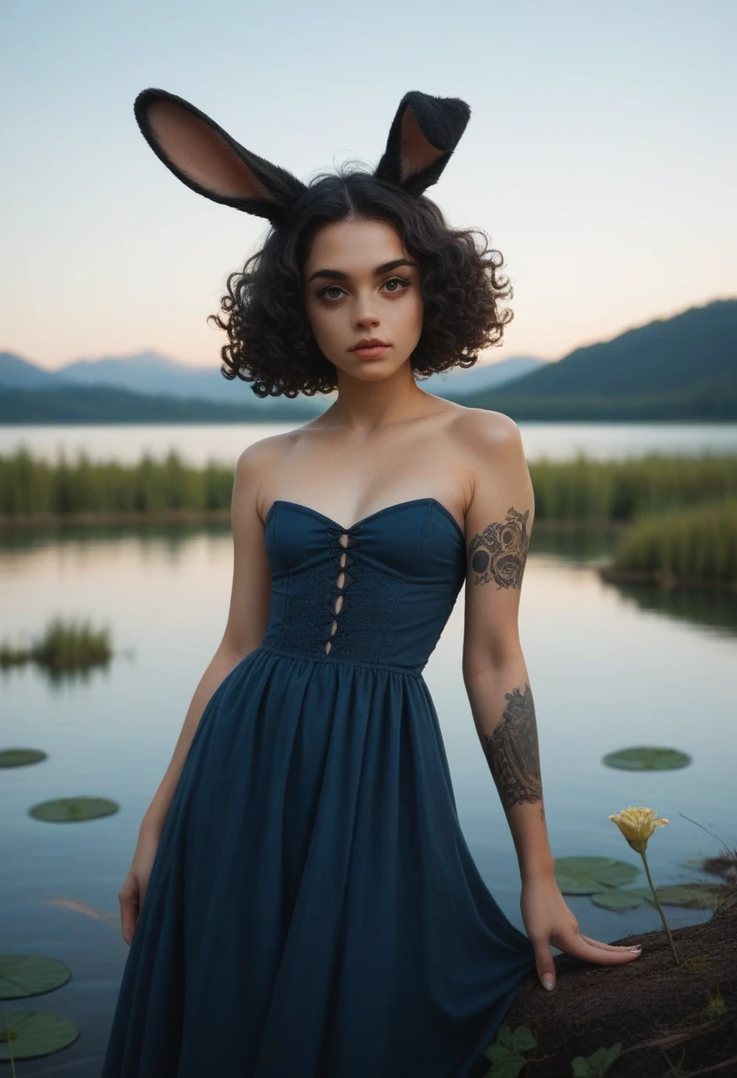 A rabbit with the shape of a frog in a lake full of crocodiles the color of fur and green with mystical designs on its body the lake is dark but the lighting in the sky is clear with a young black woman with curly hair standing at the end of the lake looking at the rabbit and wore a blue dress and a panther tattoo on his left arm