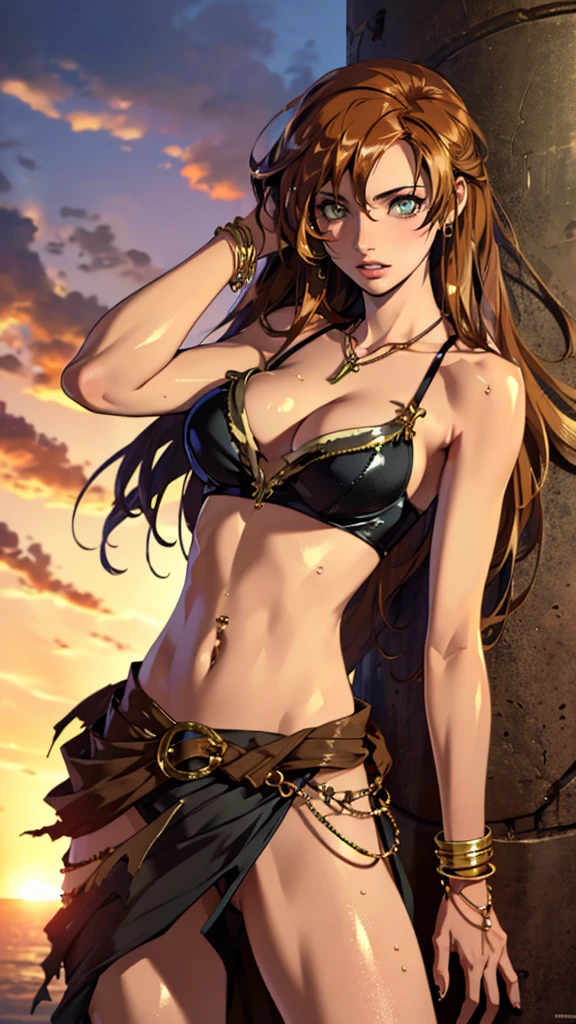 (lifelike, high - resolution:1.3), 1 girl with a perfect body,slender body, Super fine face and eyes,assasin, dark makeup, shiny skin, light brown hair, (toned stomach),Expose cleavage, (bracelets, tooth jewelry, a lot of necklaces, very long necklaces, necklaces down to stomach, body chains, waist chains), (post apocalyptic future, jungle wasteland. torn clothes, torn to shreds dress), (wet skin, shiny skin), large breasts