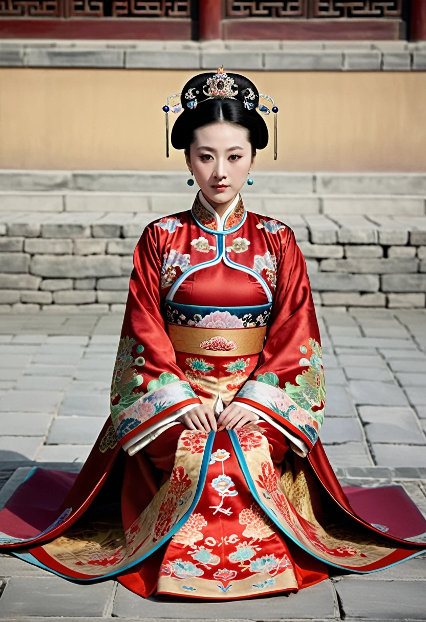 A woman seen from the front, sitting on the ground facing forward with her legs apart. Empress of the Qing Dynasty, Chinese imperial court. The Chinese empress is wearing a crown and a red Manchu dress with a floral pattern, open at the front, exposing her chest, lower abdomen, thighs and feet.。She is wearing no underwear, and her large breasts are exposed, right down to her bare stomach. Her hair is tied up and pulled up, and the background is the stone pavement of the Chinese palace of the Qing Dynasty.