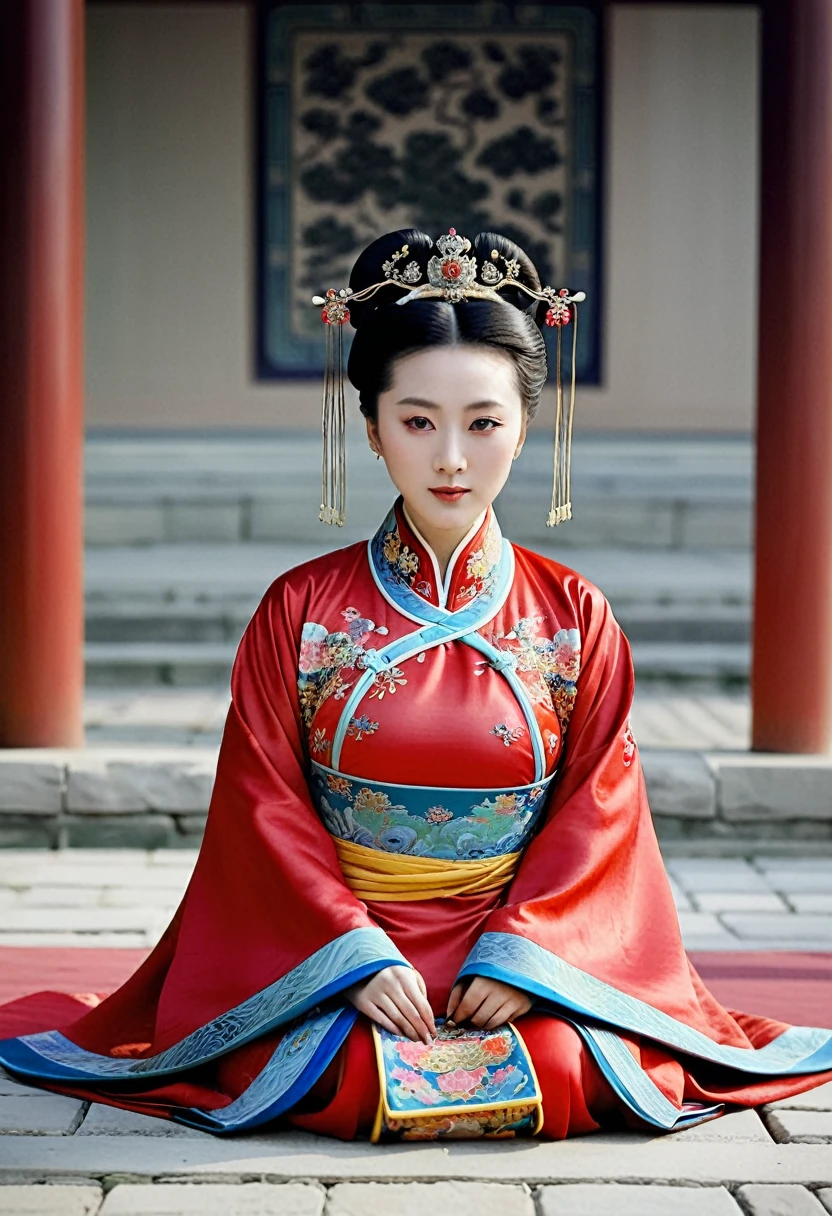 A woman seen from the front, sitting on the ground facing forward with her legs apart. Empress of the Qing Dynasty, Chinese imperial court. The Chinese empress is wearing a crown and a red Manchu dress with a floral pattern, open at the front, exposing her chest, lower abdomen, thighs and feet.。She is wearing no underwear, and her large breasts are exposed, right down to her bare stomach. Her hair is tied up and pulled up, and the background is the stone pavement of the Chinese palace of the Qing Dynasty.
