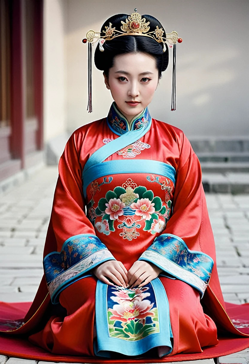 A woman seen from the front, sitting on the ground facing forward with her legs apart. Empress of the Qing Dynasty, Chinese imperial court. The Chinese empress is wearing a crown and a red Manchu dress with a floral pattern, open at the front, exposing her chest, lower abdomen, thighs and feet.。She is wearing no underwear, and her large breasts are exposed, right down to her bare stomach. Her hair is tied up and pulled up, and the background is the stone pavement of the Chinese palace of the Qing Dynasty.