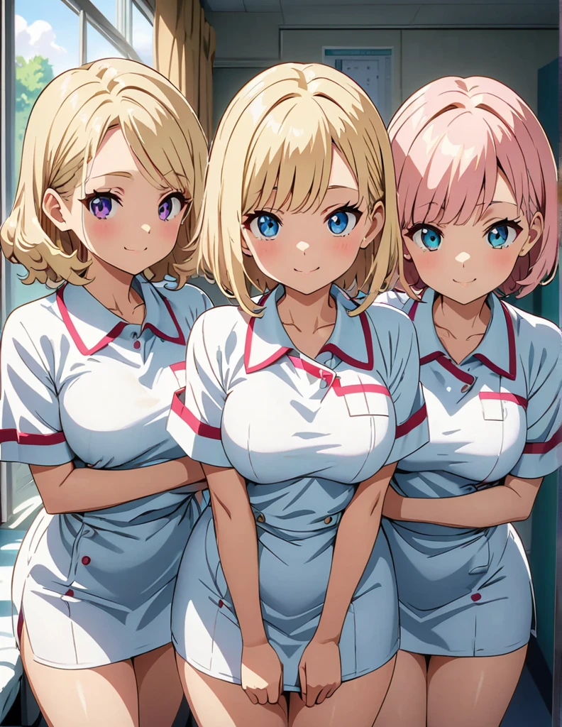 (anime artwork, anime style, studio anime, very detailed, up to date, vibrant, Anime Coloring, high contrast, masterpiece:1.2, best quality, best aesthetics),3 girl,hug from behind, Medium chest,nurse, A glimpse of thighs,random hair, One eye is hidden by the bangs, perfect proportions, high detail skin, Cute, detailed faces, precise fingers,curvy,hospital