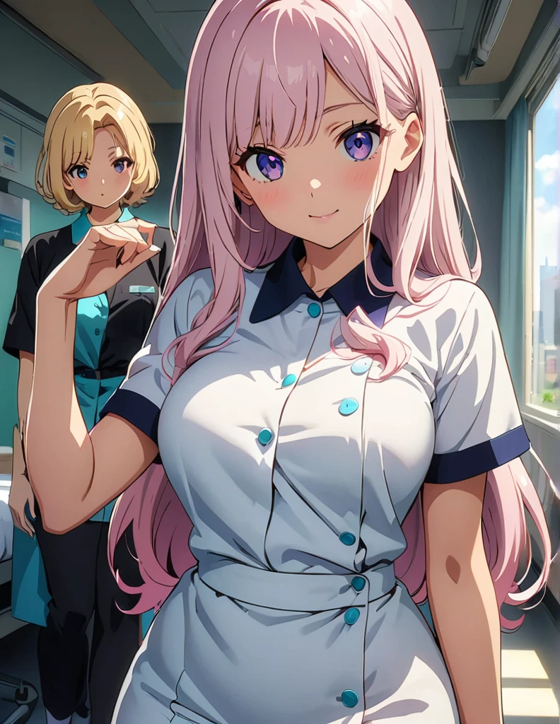 (anime artwork, anime style, studio anime, very detailed, up to date, vibrant, Anime Coloring, high contrast, masterpiece:1.2, best quality, best aesthetics),3 girl,hug from behind, Medium chest,nurse, A glimpse of thighs,random hair, One eye is hidden by the bangs, perfect proportions, high detail skin, Cute, detailed faces, precise fingers,curvy,hospital