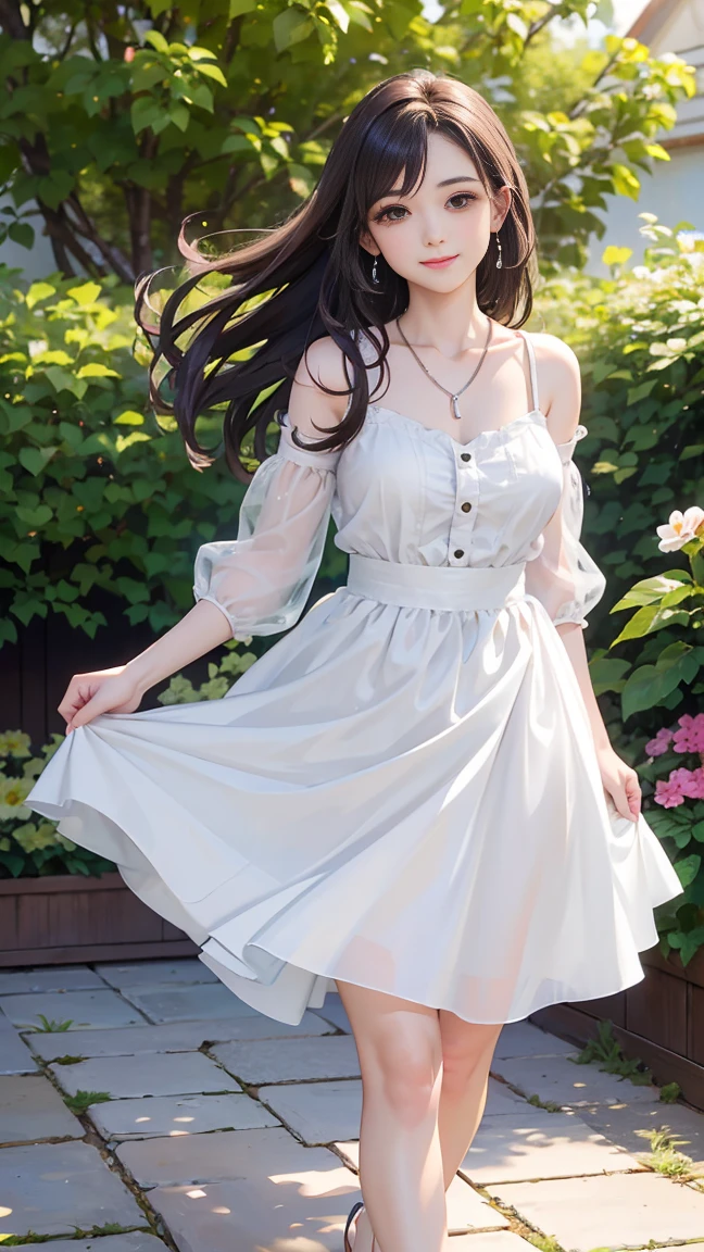 (Highest quality、 8k 、masterpiece、High resolution)、Young lovely woman、Ample breasts、Smooth and unnoticeable collarbone、Slender beauty、(Brown hair medium、My hair is blowing in the wind、Flows backwards)、Full Body Shot、 (Beautiful Face,Beautiful Eyes,Beautiful nose,Pretty lips)、(Stephanie hoove earrings、silver heart necklace)、((Black tops、White and monochrome dot long skirt(Ankle length))、Her mouth opens slightly and a smile appears.、Nice pose、Outdoor、(A Western-style garden filled with blooming flowers)、Colorful flowers、Vibrant colors、The red stands out、looking at the camera、Professional Lighting、Professional photographer、Detailed CG、
