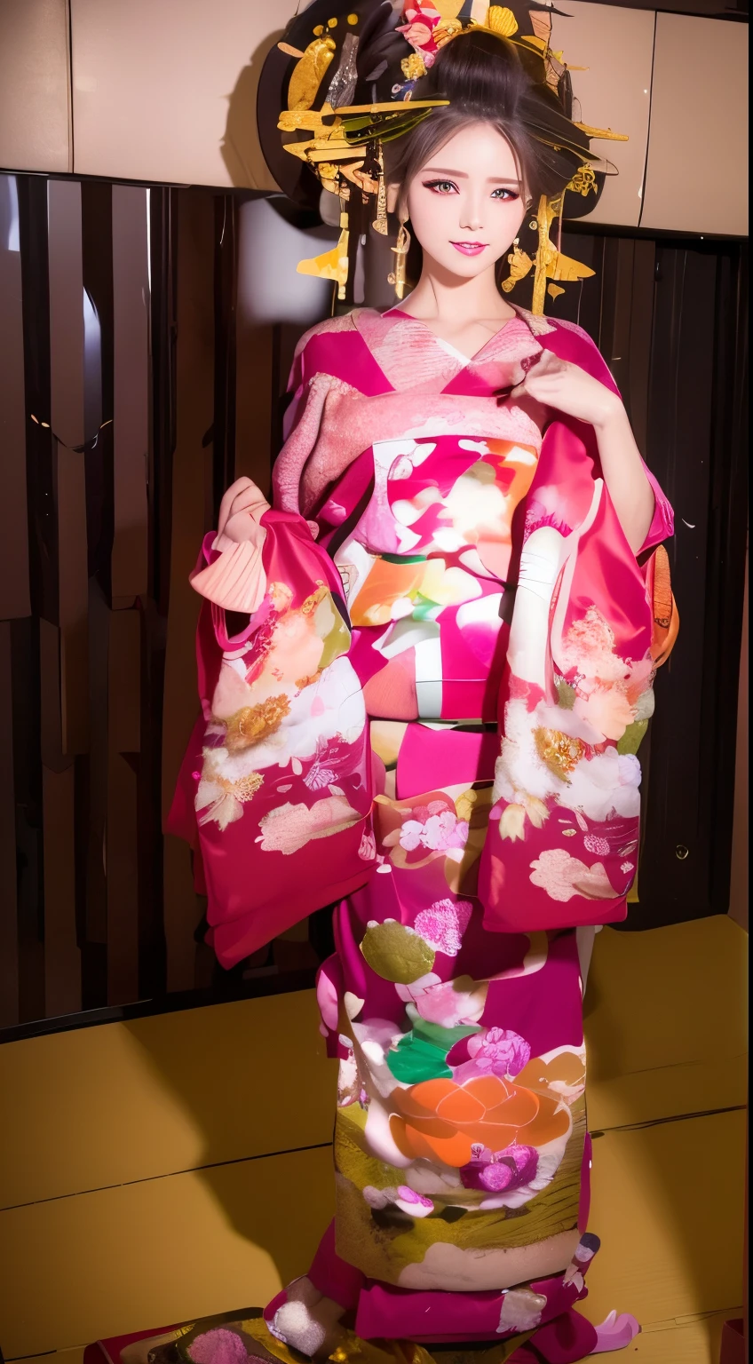 ((masterpiece(:1.4),Highest quality,Ultra-high resolution,Highest quality,8k,Extremely detailed,In detail))。night,Japanese,(A beautiful woman),glossy,slim,Large Breasts(1.6),sexy,glamorous,Golden Ratio Style,Perfect Style,whitening,Flashy gal makeup,Red light district,Bedroom,Oiran,Prostitute,Sunny day outfit,Uchikake,Gold brocade,((A gorgeous kimono)),A cutting board belt tied in front,Hair tying,hairpin,hair ornaments,Gorgeous costumes,Beautiful standing posture,Presence,Exude sex appeal,