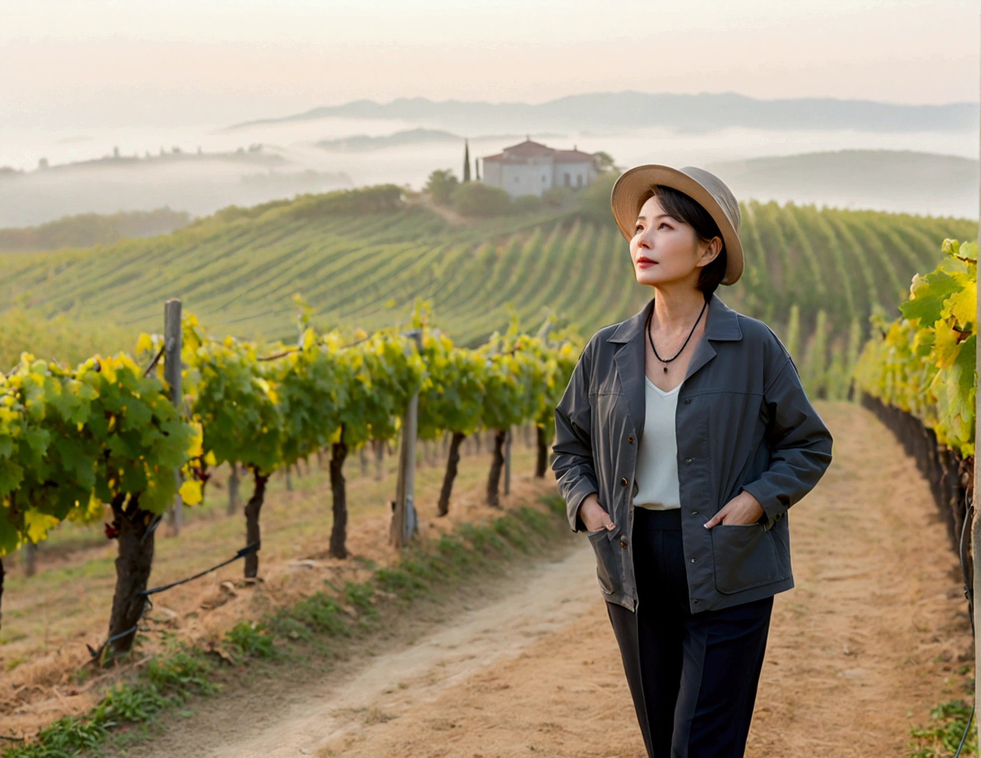 Italy foggy countryside dawn, Endless vineyards, A cathedral can be seen far away in the fog.. Korean woman in her 40s, travel jacket, casual pants, Korean woman with beautiful short medium bob hair, Standing on a path on top of a vineyard hill, Beautiful Korean woman with bright and clear skin, The neckline is clean and beautiful.. Korean woman with a graceful and humble expression,Wear a slightly large, high-quality hat with a round rim., standing in the vineyard , small black string necklace, 1 woman