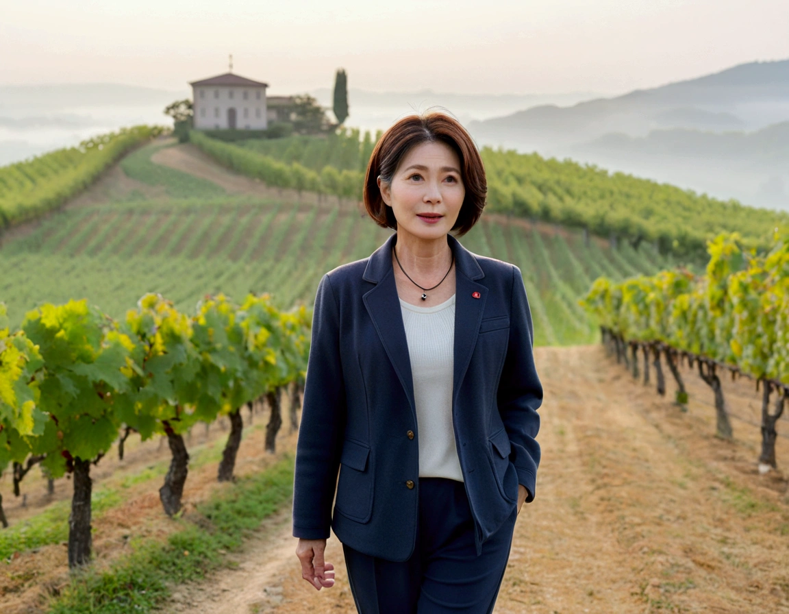 Italy foggy countryside dawn, Endless vineyards, A cathedral can be seen far away in the fog.. Korean woman in her 40s, travel jacket, casual pants, Korean woman with beautiful short medium bob hair, Standing on a path on top of a vineyard hill, Beautiful Korean woman with bright and clear skin, The neckline is clean and beautiful.. Korean woman with a graceful and humble expression,Wear a slightly large, high-quality hat with a round rim., standing in the vineyard , small black string necklace, 1 woman