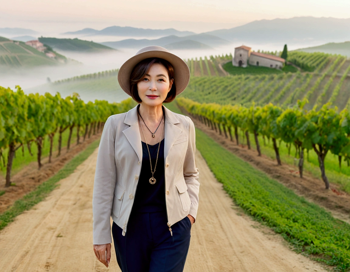 Italy foggy countryside dawn, Endless vineyards, A cathedral can be seen far away in the fog.. Korean woman in her 40s, travel jacket, casual pants, Korean woman with beautiful short medium bob hair, Standing on a path on top of a vineyard hill, Beautiful Korean woman with bright and clear skin, The neckline is clean and beautiful.. Korean woman with a graceful and expression,Wear a slightly large, high-quality hat with a round rim., standing in the vineyard , small black string necklace, 1 woman
