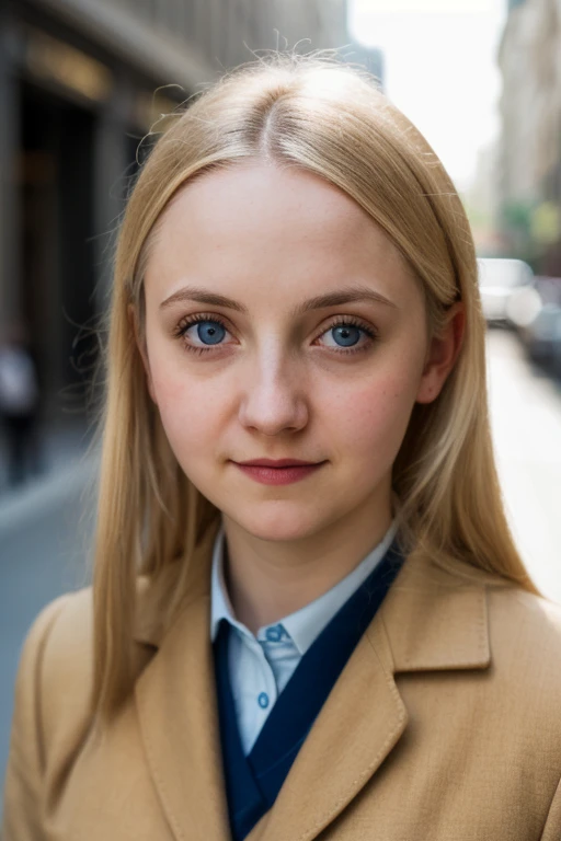 a picture of Luna lovegood woman, by rubio,detailed skin, surface scatter, bokeh, skin pores,  Streets of the city,wearing a uniform,outdoor, looking at the viewer ,(subtle smile:0.5), blue eyes, Luna lovegood