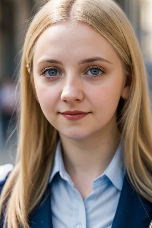 a picture of Luna lovegood woman, by rubio,detailed skin, surface scatter, bokeh, skin pores,  Streets of the city,wearing a uniform,outdoor, looking at the viewer ,(subtle smile:0.5), blue eyes, Luna lovegood