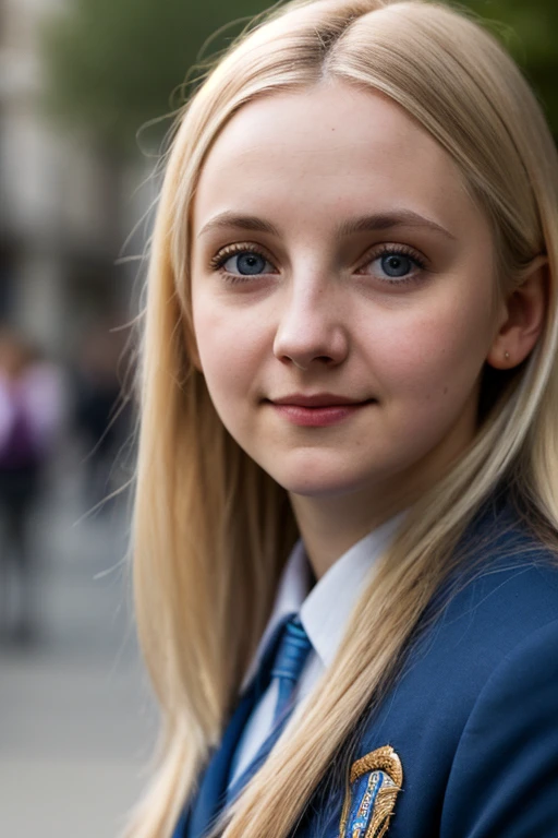 a picture of Luna lovegood woman, by rubio,detailed skin, surface scatter, bokeh, skin pores,  Streets of the city,wearing a uniform,outdoor, looking at the viewer ,(subtle smile:0.5), blue eyes, Luna lovegood