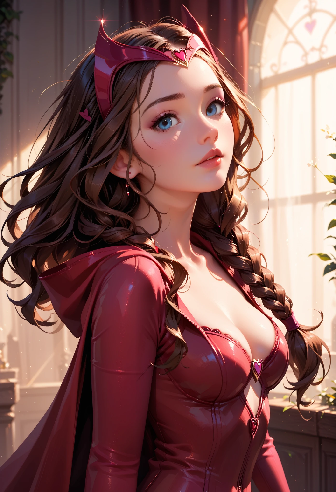 score_9, score_8_up, score_7_up, score_6_up, 1girl, solo, anna (brown hair, braided pigtails:1.1), wearing (Scarlet Witch suit:1.2), detailed soft lighting.