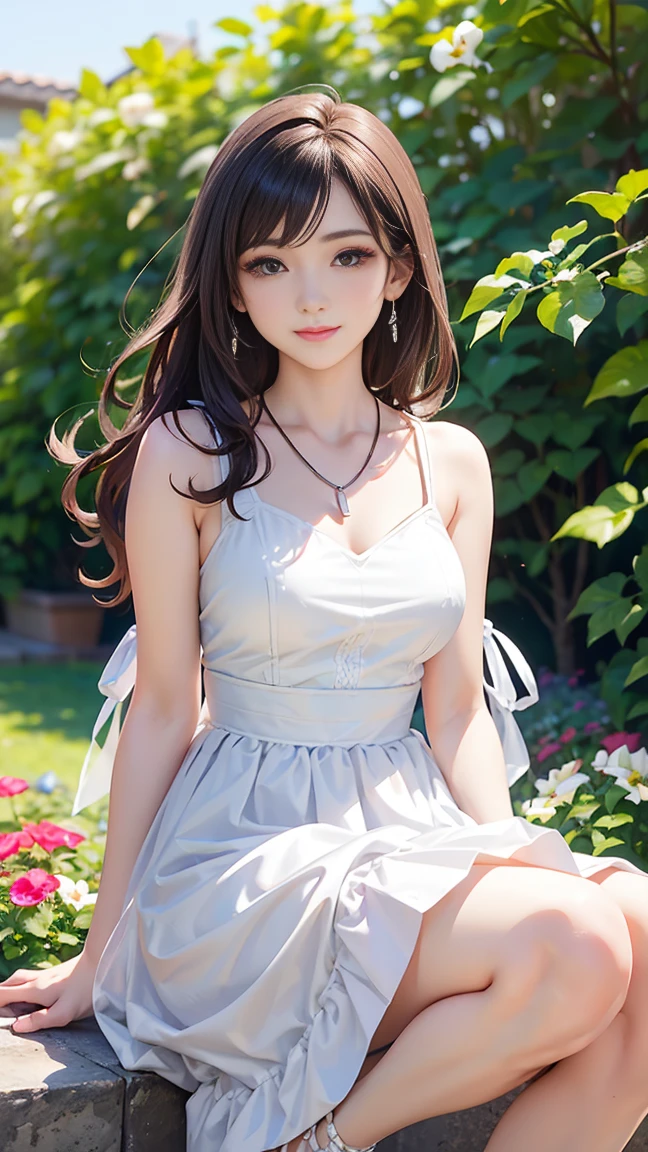 (Highest quality、 8k 、masterpiece、High resolution)、Young lovely woman、Ample breasts、Smooth and unnoticeable collarbone、Slender beauty、(Brown hair medium、My hair is blowing in the wind、Flows backwards)、Full Body Shot、 (Beautiful Face,Beautiful Eyes,Beautiful nose,Pretty lips)、(Stephanie hoove earrings、silver heart necklace)、((Black tops、White and monochrome dot long skirt(Ankle length))、Her mouth opens slightly and a smile appears.、Nice pose、Outdoor、(A Western-style garden filled with blooming flowers)、Colorful flowers、Vibrant colors、The red stands out、looking at the camera、Professional Lighting、Professional photographer、Detailed CG、