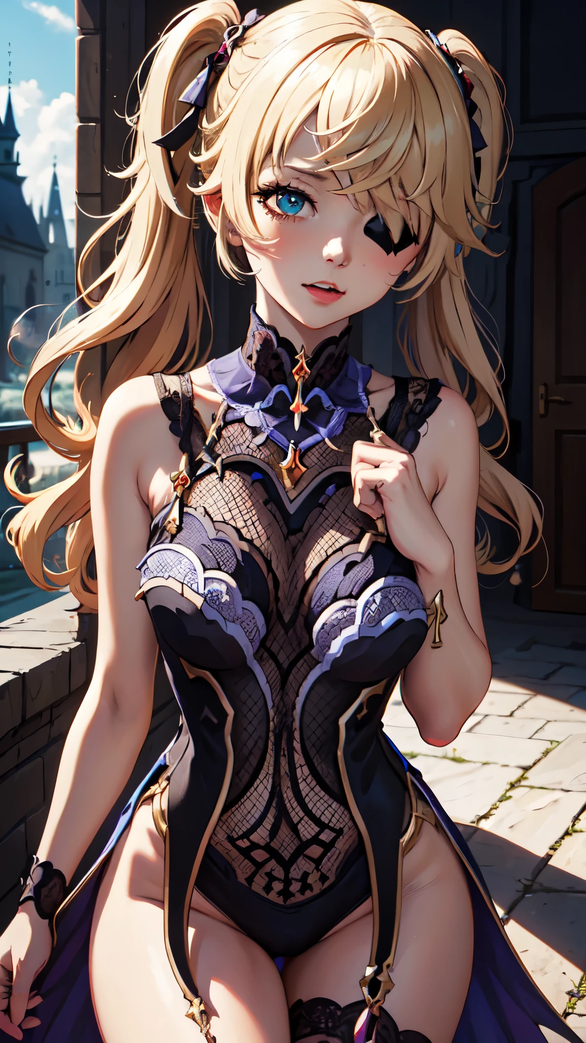 Young blonde girl, black eye patch, twin large ponytails, 
BREAK (masterpiece:1.2), best quality, high resolution, unity 8k wallpaper, (illustration:0.8), (beautiful detailed eyes:1.6), extremely detailed face, perfect lighting, extremely detailed CG, (perfect hands, perfect anatomy), joyful, laughing, Happy, (thigh corset with deep lace neckline), NSFW, cameltoe, portrait (3:4), posing. In darkness next to a scary castle.