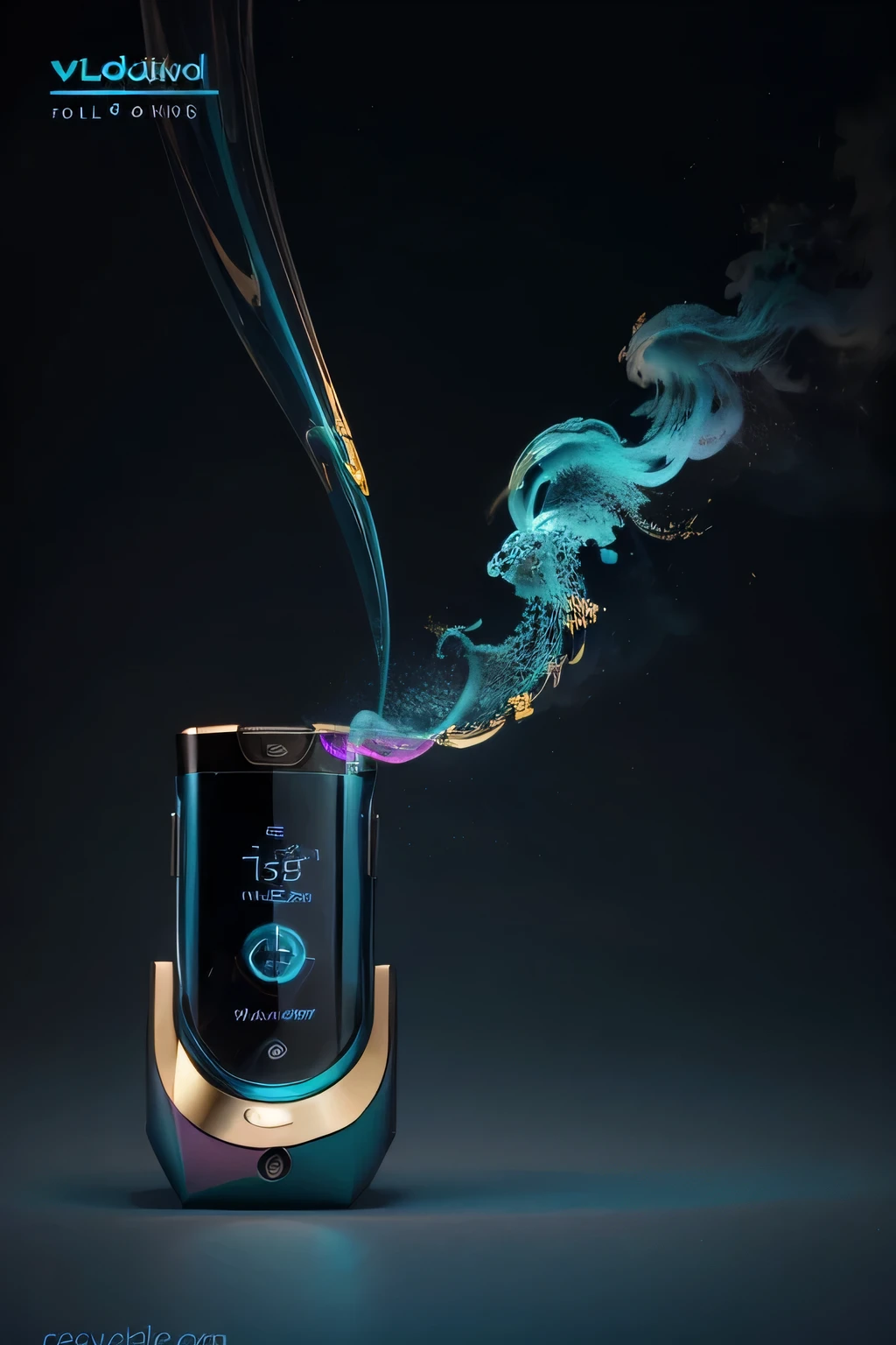 Design Logo: Create a distinctive vape device with a deep midnight blue finish and shimmering, gold accents. The vapor cloud should emerge in a stunning gradient of teal and bright magenta, forming intricate, artistic patterns. The device should have a refined yet bold design, making it look both premium and innovative. Use a color palette of midnight blue and gold for the device, with gradient shades of teal and magenta for the vapor cloud. The brand name 'CloudCraze' should be displayed in a sophisticated, modern font to the side of the device, with the phrase 'Redefine Your Vaping Experience' in a complementary, elegant font underneath. The design should captivate with its rich, eye-catching colors and luxurious details.