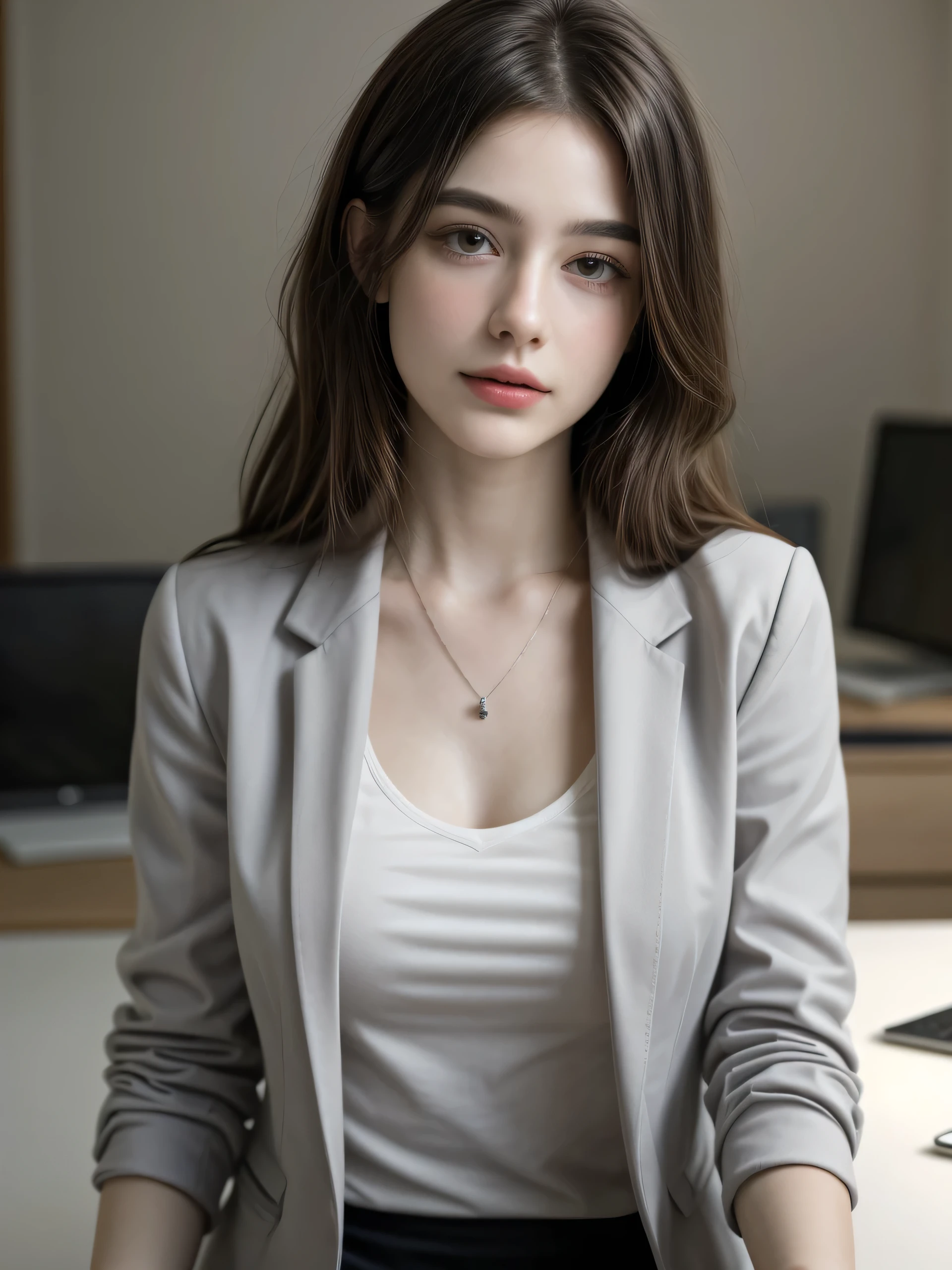 ((Masterpiece, best quality, realistic, photorealistic)), extreme detailed photo, delicate details, sharp focus, 1 European pretty girl, 30 years old, 170 cm height, short bob hair, charming, attractively beautiful contour face, slender body, slim figure, natural hands, ((wearing v-neck tee, open blazer jacket, pendant)), in office, work desk, sitting, natural lights.