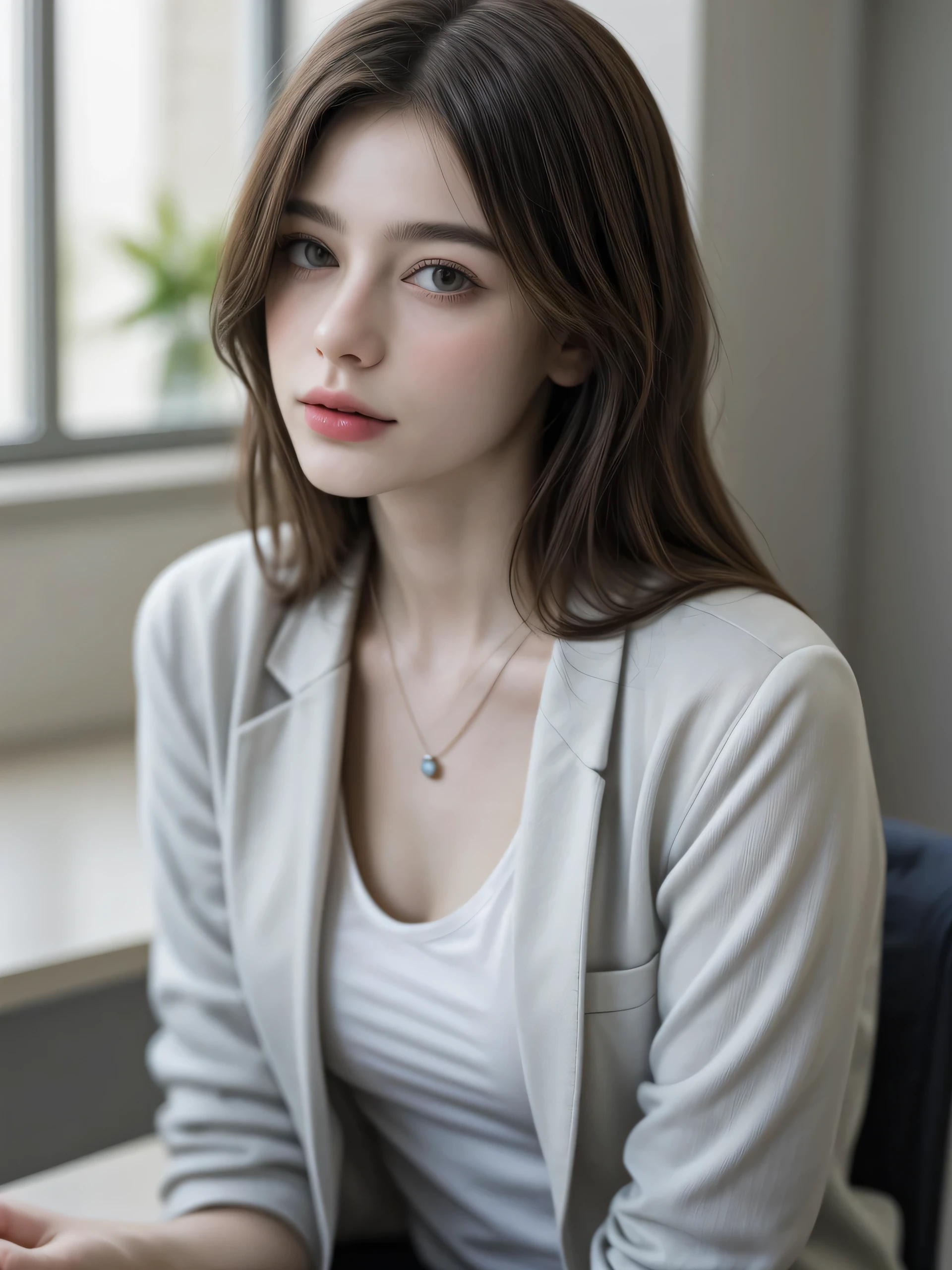 ((Masterpiece, best quality, realistic, photorealistic)), extreme detailed photo, delicate details, sharp focus, 1 European pretty girl, 30 years old, 170 cm height, short bob hair, charming, attractively beautiful contour face, slender body, slim figure, natural hands, ((wearing v-neck tee, open blazer jacket, pendant)), in office, work desk, sitting, natural lights.