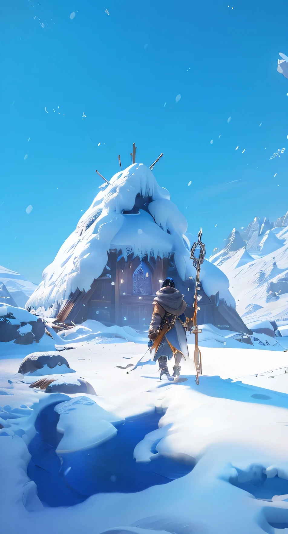 a person walking in the snow with a staff, winter concept art, snowy landscape, stylized 3d render, stylized concept art, fantasy style 8k octane render, 3d rendering style, stylized as 3D render, (octane rendering) fantasy style, rendered using unreal engine 5, unreal engine 5, children's art on artstation