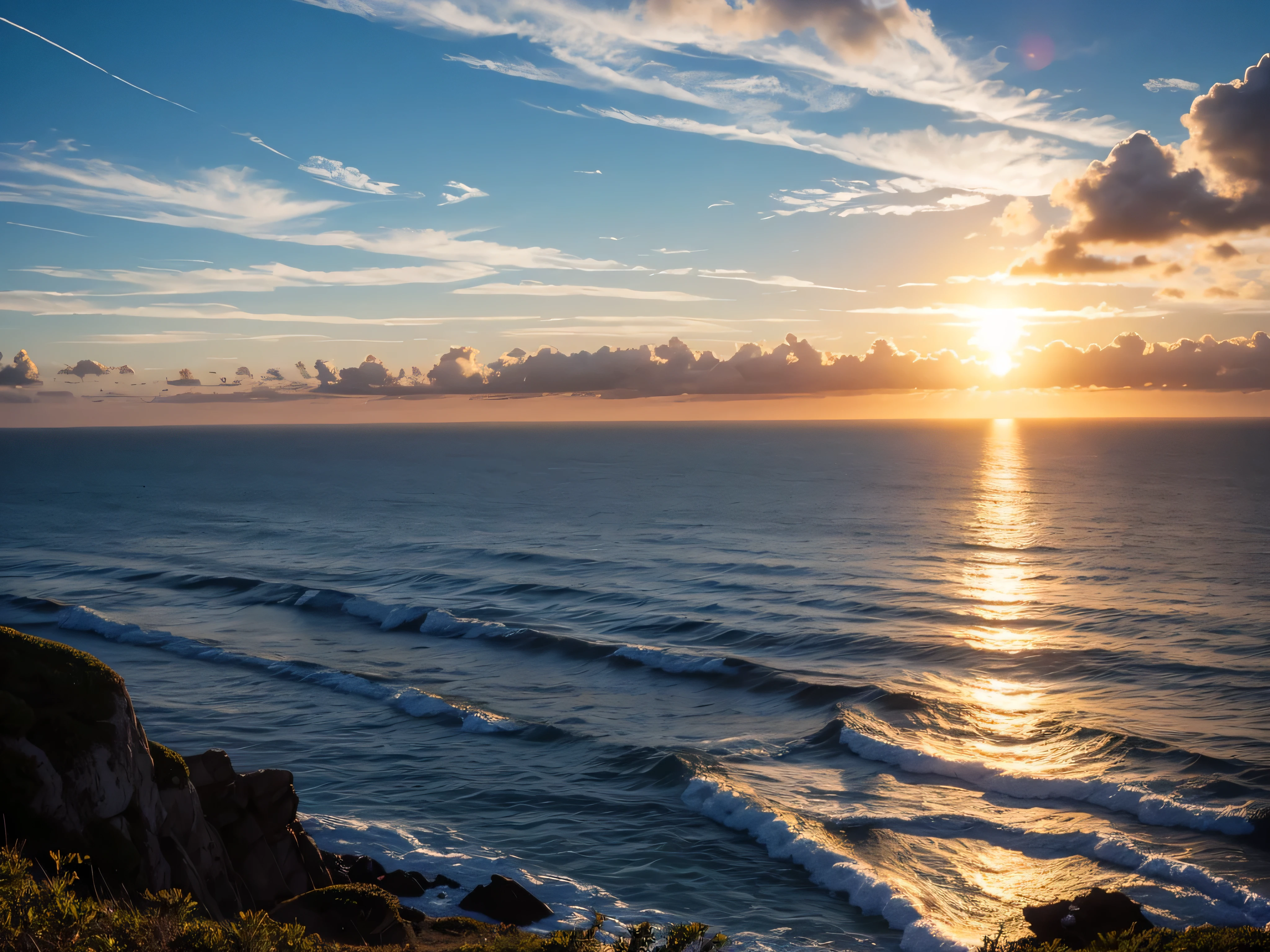 The sun setting over the coastline