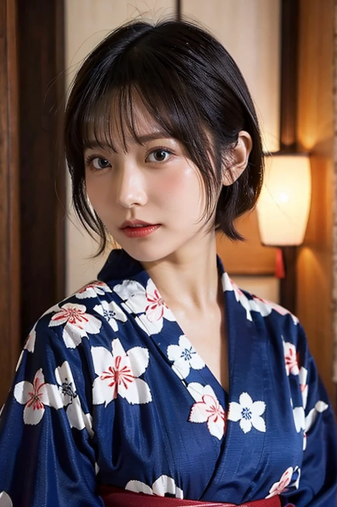 Japanese women、Clothes that do not expose skin、Close-up of face、yukata、night、short hair