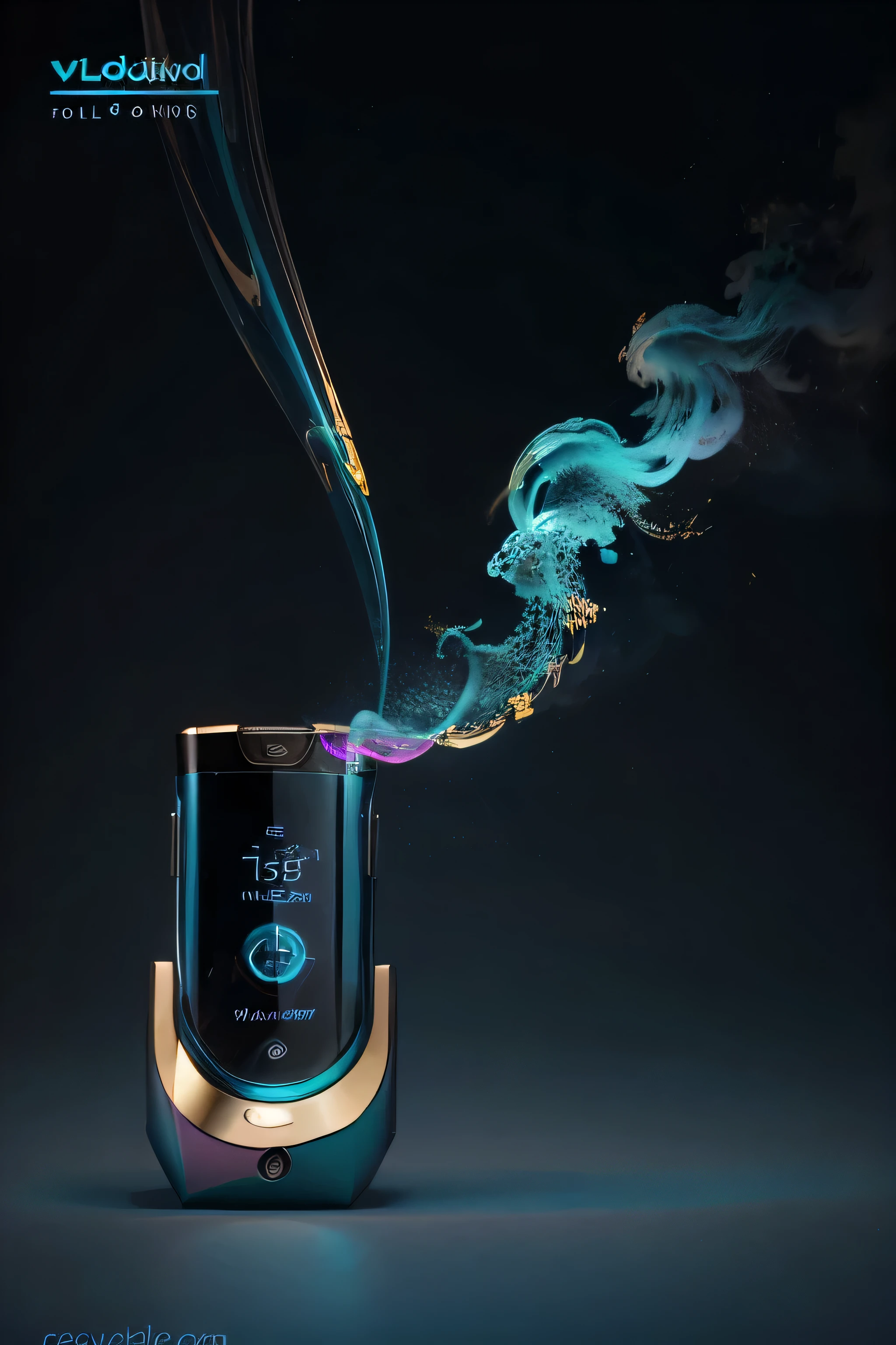 Design Logo: Create a distinctive vape device with a deep midnight blue finish and shimmering, gold accents. The vapor cloud should emerge in a stunning gradient of teal and bright magenta, forming intricate, artistic patterns. The device should have a refined yet bold design, making it look both premium and innovative. Use a color palette of midnight blue and gold for the device, with gradient shades of teal and magenta for the vapor cloud. The brand name 'CloudCraze' should be displayed in a sophisticated, modern font to the side of the device, with the phrase 'Redefine Your Vaping Experience' in a complementary, elegant font underneath. The design should captivate with its rich, eye-catching colors and luxurious details.