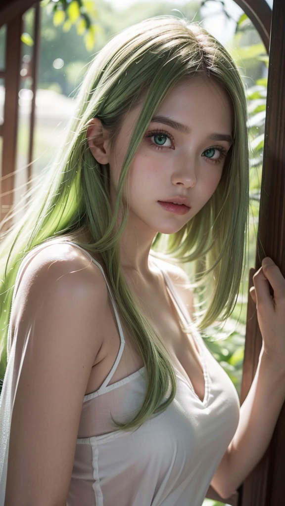 
"close-up portrait of a beautiful young girl with strikingly vivid green eyes and soft, dewy skin. Her hair is a mix of pastel pink and green, giving a magical and ethereal look. The lighting is soft and flattering, highlighting the delicate features of her face. Her expression is gentle and serene, with a subtle hint of mystery. The background is blurred to keep the focus entirely on her captivating face, enhancing the dreamy and otherworldly atmosphere."