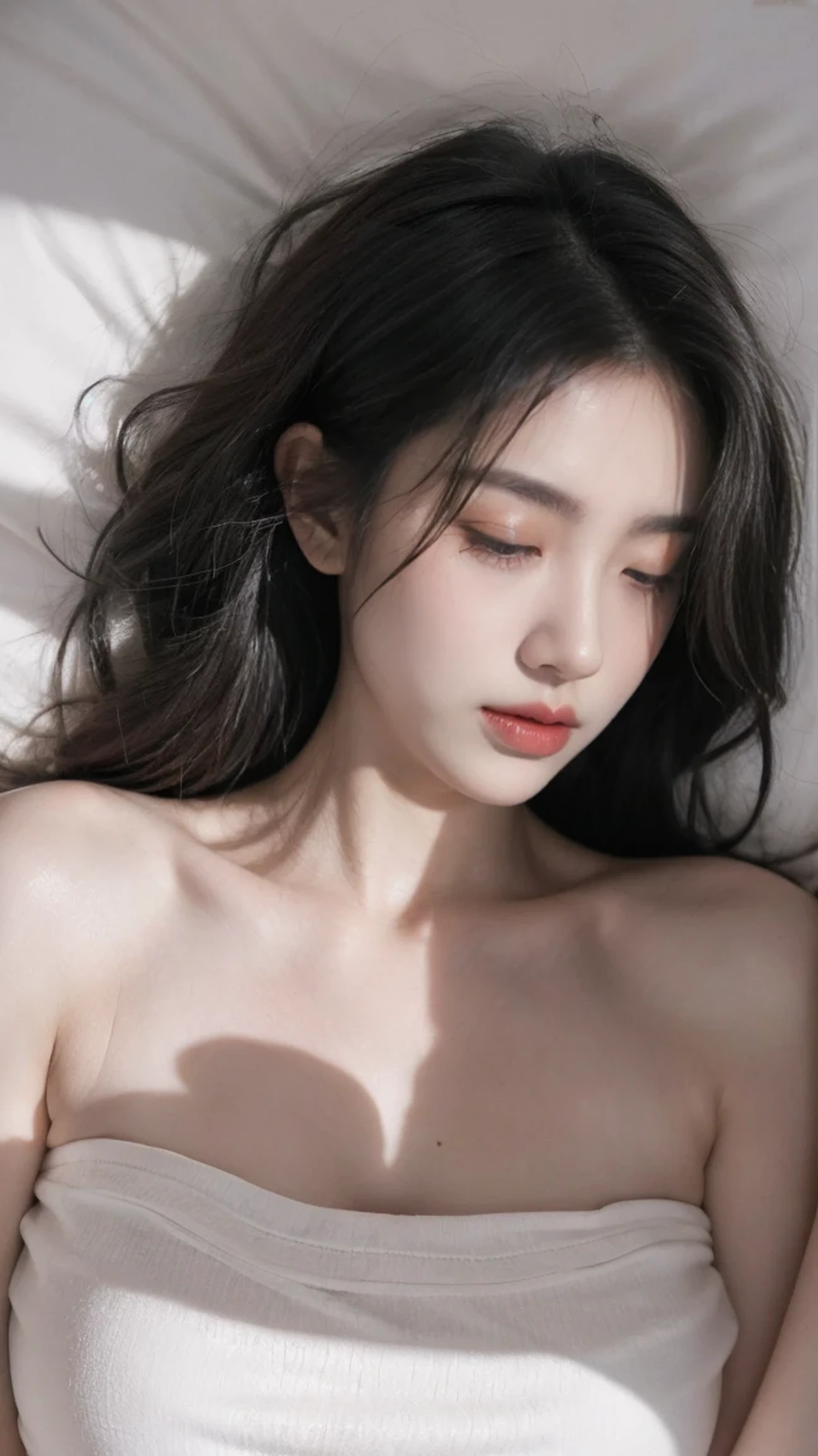 A beautiful Japanese woman in her 20s with long hair at night,Lying on your back,Lying on bed, Completely naked,Armpits, Looking at viewer, profile. Focus distance 100mmf/2.8, rain, Love Hotel, Well-formed face, Toned body,profile, Close-up of facial expression, Bird&#39;s Eye View, Presence, 8K quality, highest quality.
