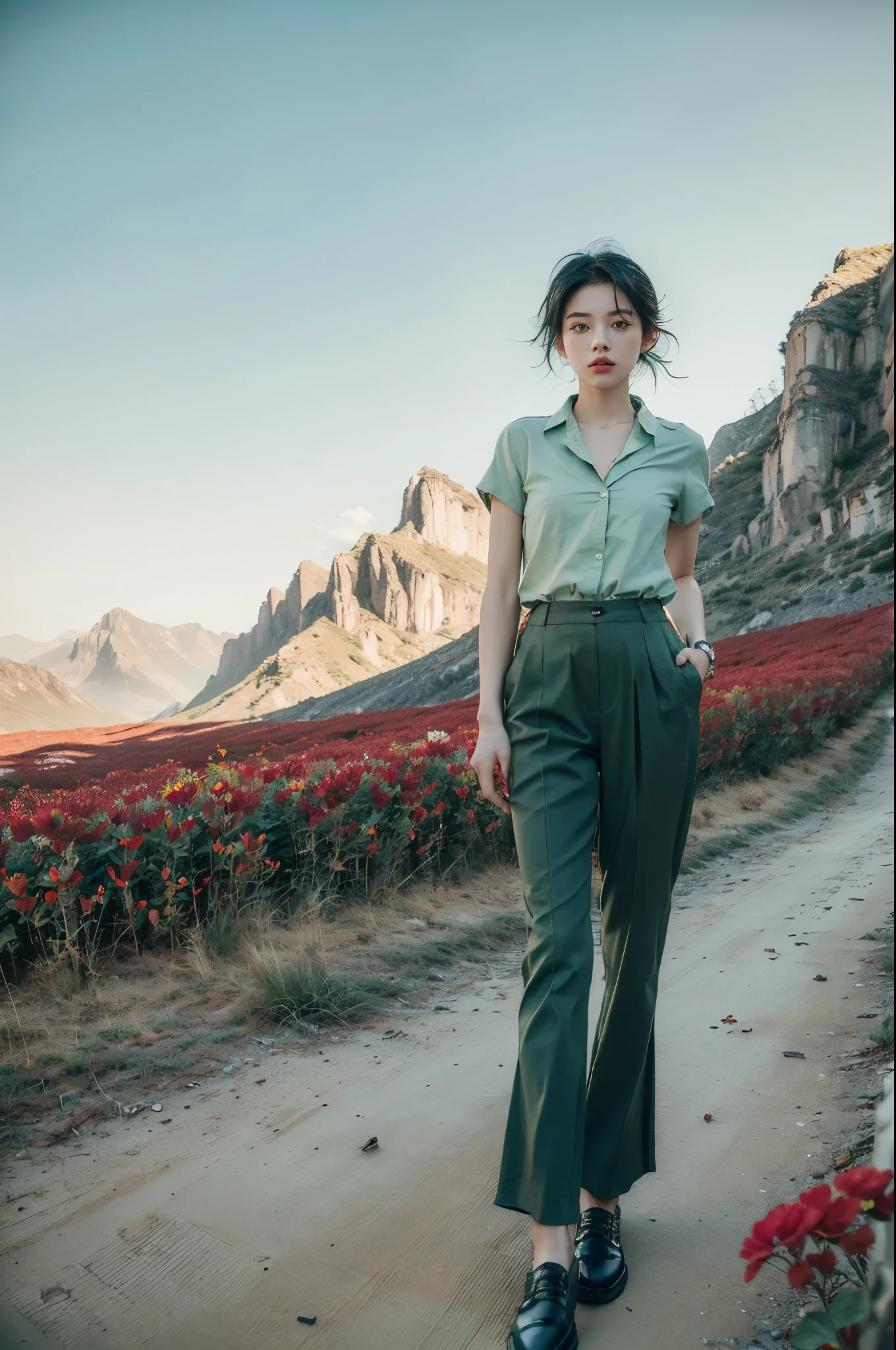 (((best quality))),(((ultra detailed))),(((masterpiece))),illustration,((1 beautiful girl,tomboy,solo)),(short black hair:1.3),((slim,thin)),((small breasts,thin)), vigorous, confident, (light green collared short-sleeved shirt:1.3), (dark green pants:1.2),(black shoes:1.2),(standing:1.3),simplicity, robustness, strong features, (Abandoned Gobi Scene:1.3),(Rock surface:1.2),glowing eyes, rebellious, sensible, (mountainous landscape:1.3), (beside a vibrant red flower:1.3),elegance, unyielding spirit, youthful beauty, strength, resilience, adversity, challenges,((from front,full body))