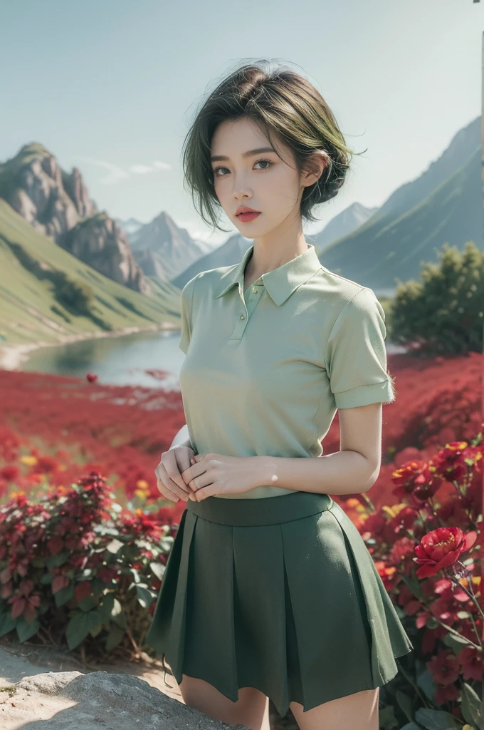 (((best quality))),(((ultra detailed))),(((masterpiece))),illustration,((1 beautiful girl,tomboy,solo)),(short black hair:1.3),((slim,thin)),((small breasts,thin)), vigorous, confident, (light green collared short-sleeved shirt:1.3), (dark green skirt:1.2),(slender legs:1.2),(standing:1.3),simplicity, robustness, strong features, (Abandoned Gobi Scene:1.3),(Rock surface:1.2),glowing eyes, rebellious, sensible, (mountainous landscape:1.3), (beside a vibrant red flower:1.3),elegance, unyielding spirit, youthful beauty, strength, resilience, adversity, challenges,((from front,upper body))
