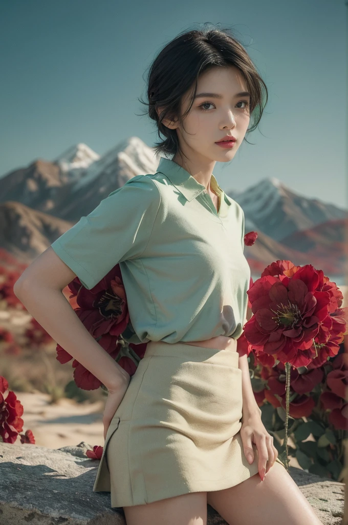(((best quality))),(((ultra detailed))),(((masterpiece))),illustration,((1 beautiful girl,tomboy,solo)),(short black hair:1.3),((slim,thin)),((small breasts,thin)), vigorous, confident, (light green collared shirt:1.3), (dark green pants:1.2),(standing:1.3),simplicity, robustness, strong features, (Abandoned Gobi Scene:1.3),(Rock surface:1.2),glowing eyes, rebellious, sensible, (mountainous landscape:1.3), (only one vibrant red flower:1.3),elegance, unyielding spirit, youthful beauty, strength, resilience, adversity, challenges,((from front,upper body))
