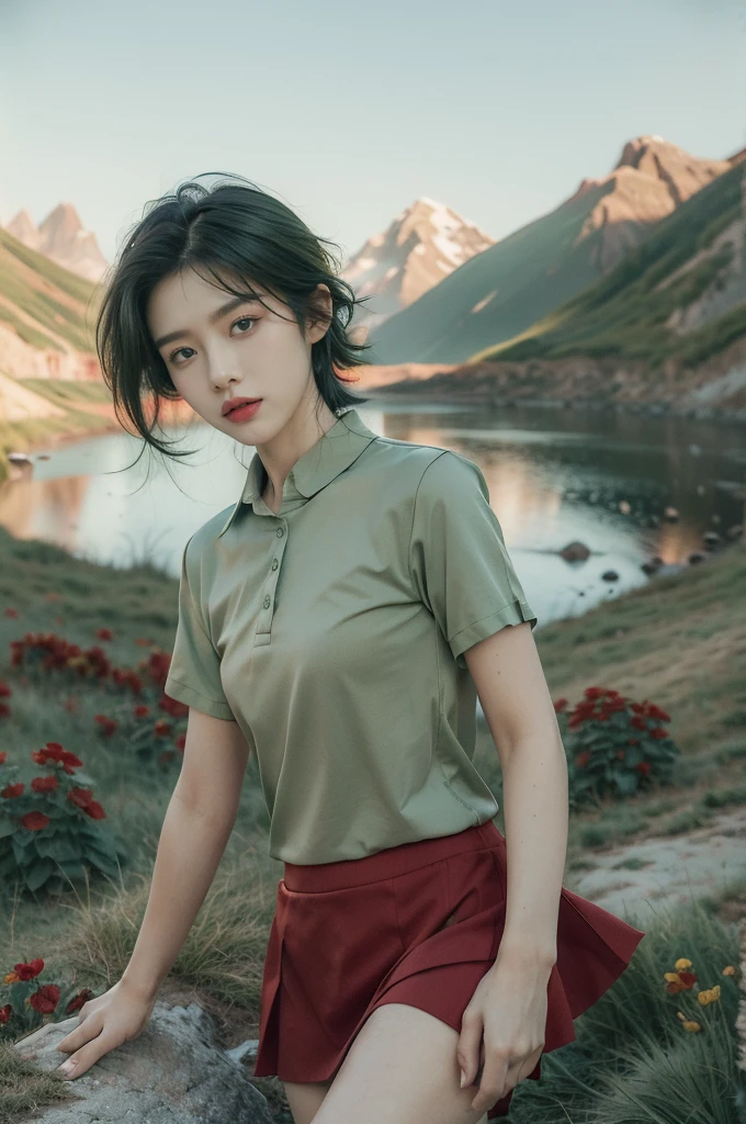 (((best quality))),(((ultra detailed))),(((masterpiece))),illustration,((1 beautiful girl,tomboy,solo)),(short black hair:1.3),((slim,thin)),((small breasts,thin)), vigorous, confident, (light green collared short-sleeved shirt:1.3), (dark green skirt:1.2),(slender legs:1.2),(standing:1.3),simplicity, robustness, strong features, (Abandoned Gobi Scene:1.3),(Rock surface:1.2),glowing eyes, rebellious, sensible, (mountainous landscape:1.3), (beside a vibrant red flower:1.3),elegance, unyielding spirit, youthful beauty, strength, resilience, adversity, challenges,((from front,upper body))