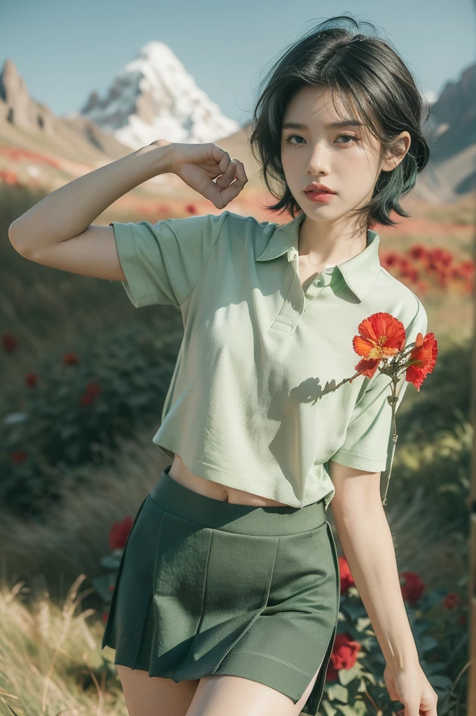 (((best quality))),(((ultra detailed))),(((masterpiece))),illustration,((1 beautiful girl,tomboy,solo)),(short black hair:1.3),((slim,thin)),((small breasts,thin)), vigorous, confident, (light green collared short-sleeved shirt:1.3), (dark green skirt:1.2),(slender legs:1.2),(standing:1.3),simplicity, robustness, strong features, (Abandoned Gobi Scene:1.3),(Rock surface:1.2),glowing eyes, rebellious, sensible, (mountainous landscape:1.3), (beside a vibrant red flower:1.3),elegance, unyielding spirit, youthful beauty, strength, resilience, adversity, challenges,((from front,upper body))