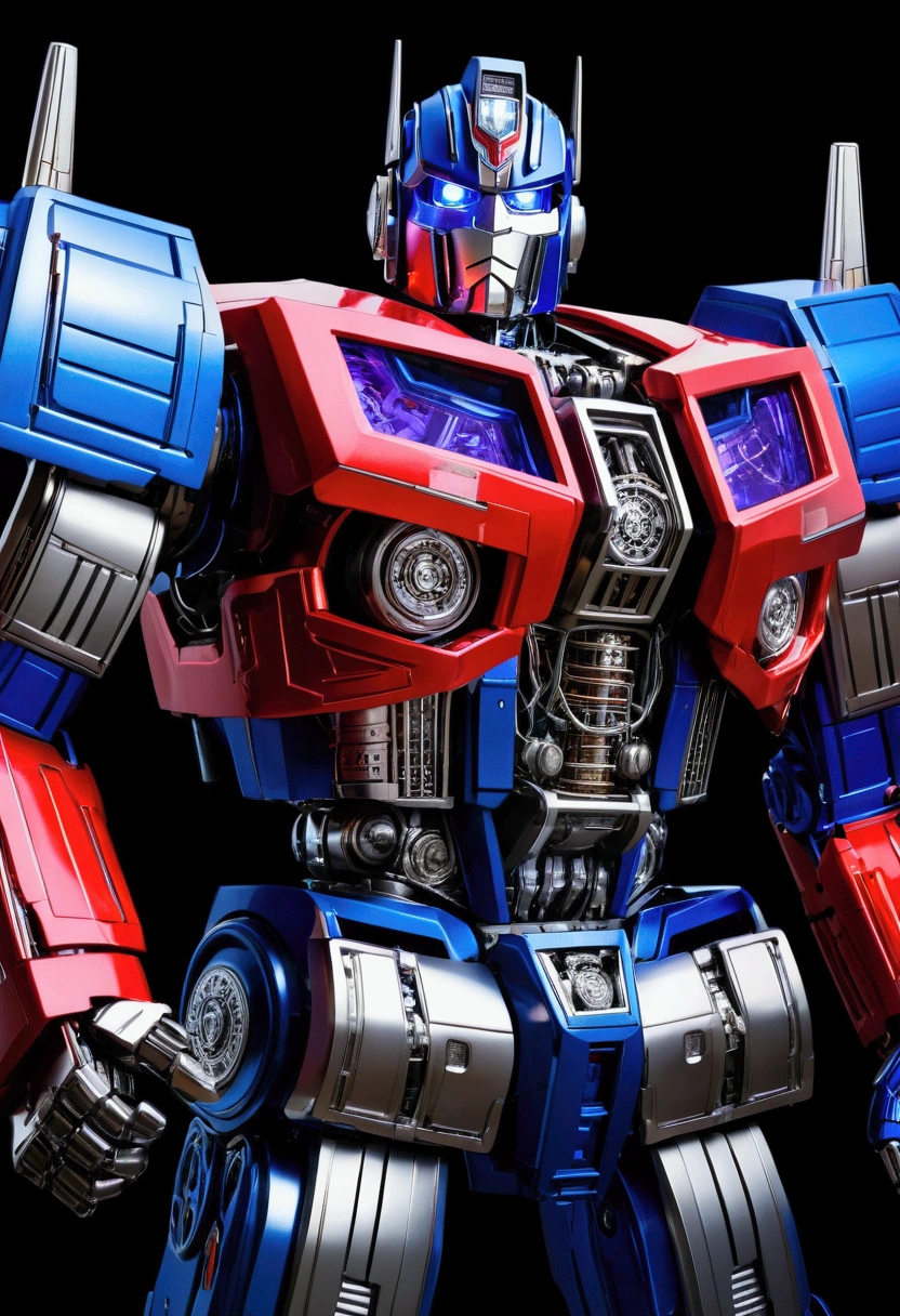 a highly detailed and realistic Optimus Prime robot, detailed mechanical and robotic body, complex intricate machinery and gears, Optimus Prime's torso transforming into a powerful truck, flawless metallic surfaces, glowing electronic parts, cinematic lighting, dramatic shadows, ultra-detailed, 8k, photorealistic, studio lighting, award winning CGI, artstation