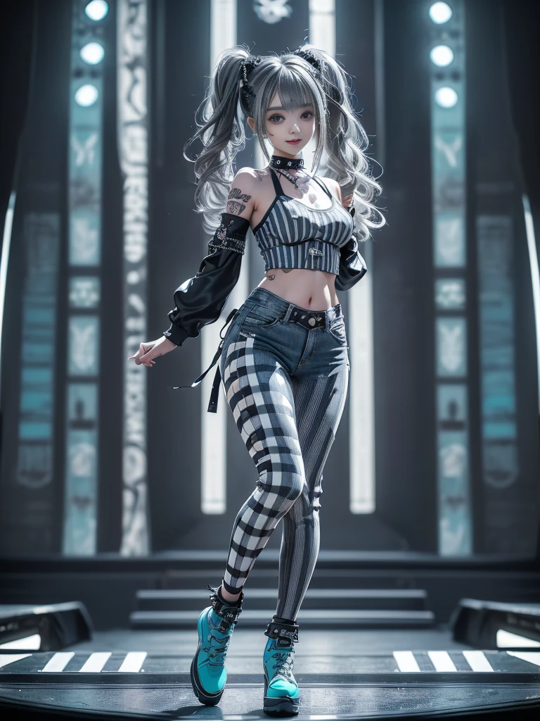 (Full body image:1.4)、(Lotus:1.2)、(Smiling with teeth showing:1.3),(Shibuya Gal:1.5)、(Fashion in the style of Gothic Lolita:1.5)、(Punk rock visual kei:1.5)、(Wearing a rhythmic gymnastics bodysuit with intricate details:1.4)、(Complex white racing suit and pants, Denim and turquoise decor:1.5)、(Denim and light blue and white boots:1.3)、((belt))、(A number of subtle logos are featured throughout the costume々:1.4)、(collar:1.3)、(Striped underwear:1.5)、20-year-old、Browsing Caution、((Highest quality、In 8K、masterpiece:1.3))、Sharp focus:1.2、(Layered Cut、Huge boobs:1.1),Beautiful woman with perfect figure:1.4、(Dance vigorously:1.3)、Slim Abs:1.2、Highly detailed face and skin texture、Detailed eyes、double eyelid,(Twin tails:1.3)、(Dark silver hair:1.3)、Idol Sculpture、(The background is the stage for a fashion show:1.3)、(The body is slim:1.3),(Slimming your legs:1.4),(clavicle:1.1)、(Thin and slim thighs:1.3)