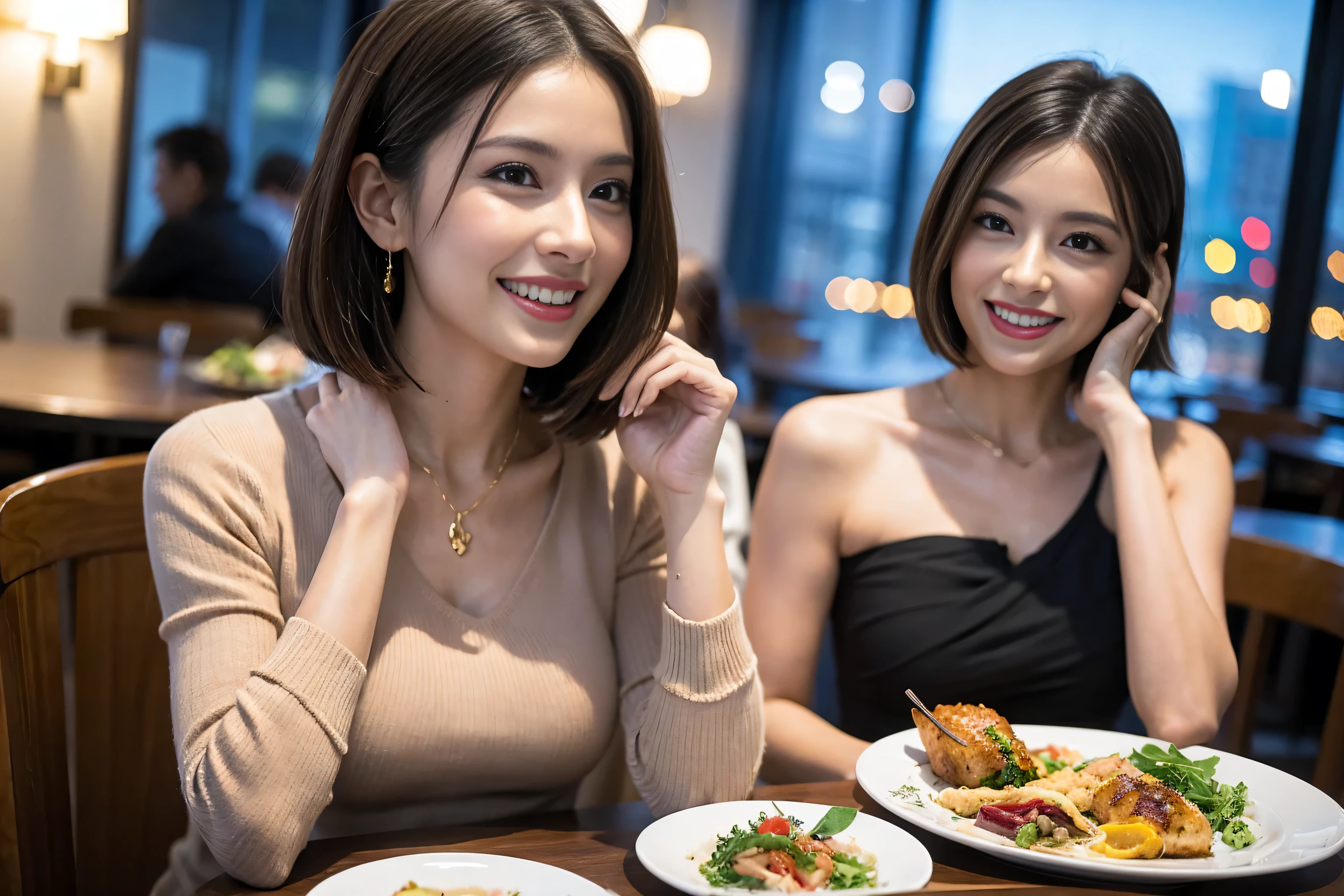 (Realistic:1.1),(masterpiece,Highest quality),8k,(49 years old), 53 years old, ベリーslimボディ、slimカップル、Tight waist,Upper Body,full-course dinner、wine 、Amazing view of the sunset sky and clouds、Perfect Anatomy, Brown Hair, short hair,Random Hairstyles,((Highly detailed face and eyes:1.2)),Perfect golden ratio face,Long sleeve shirt、dress,(smile:1.2)、Shortcuts、cute、(Realistic, Intricate details:1.2), A bright smile、short hair,Bright Face、赤wine 、Appetizers、Italian food、wine bottle、Champagne、スパークリングwine、(slimな顔), (The body is slim), (Brown Hair), (Shortcuts), Upper Body, 白wine, slim, wineグラス,