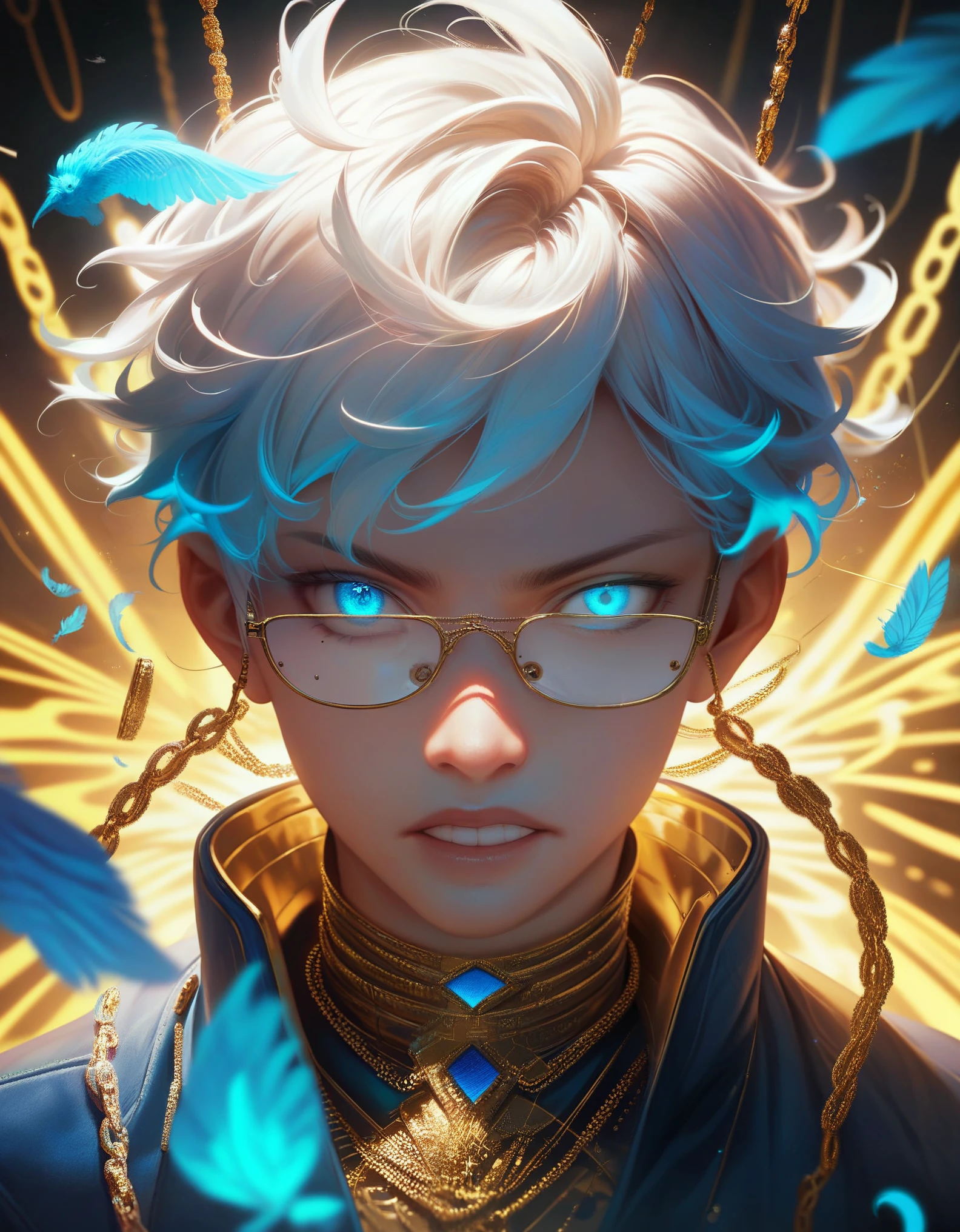 (score_9, score_8_up, score_7_up), zPDXL, 1 boy, alone, looking at viewer, simple warm colored background, neon blue eyes, close up, short hair, white hair, broken glasses, lenses, neon blue feathers falling, serious look, determination, dark aura, front view, masterpiece, best quality, hyper detailed, cinematic light, intricate detail, high resolution, official art, detailed glow, neon glowing teeth, portrait, gold jewelry, the pupil of the eyes with detailed structures, miracle, dark atmosphere, neon blue feathers, mole, jewelry accessories, diffraction peak, vibrant colors, concept artist, electronic links, metal chains,